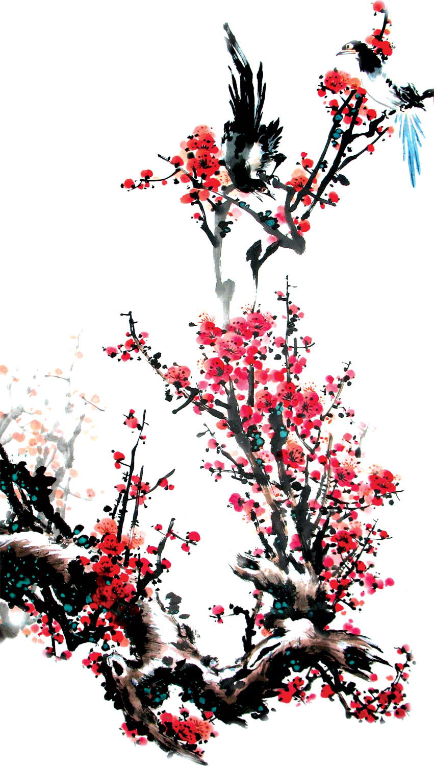 リアルな花のイラスト フリー素材 角 コーナー用no 1507 水墨画風 梅の木