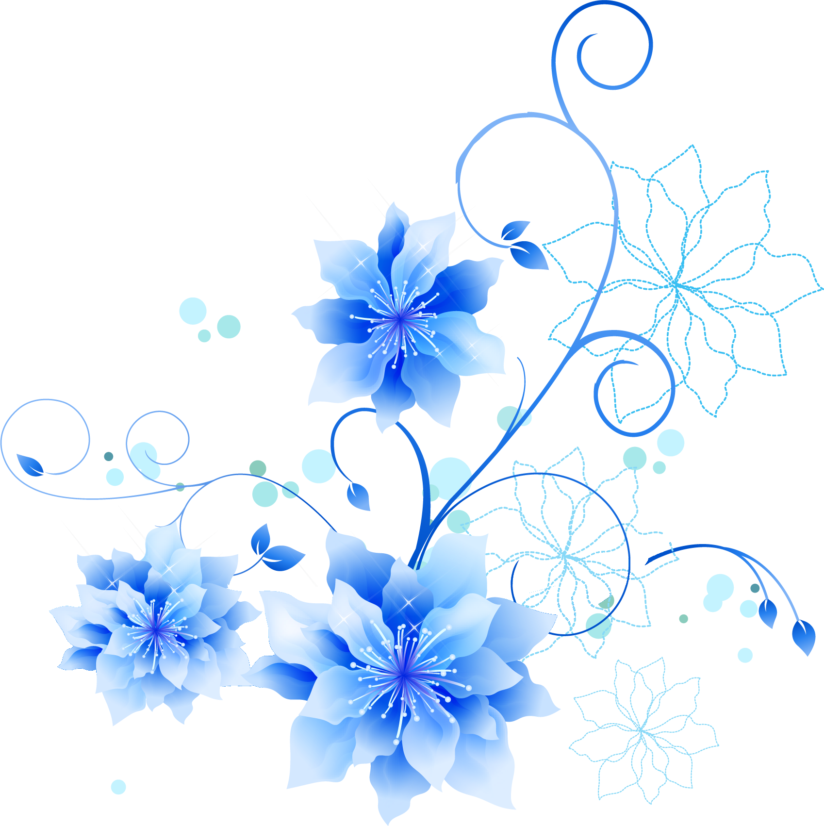 青い花のイラスト フリー素材 No 2 青 枝葉 三輪