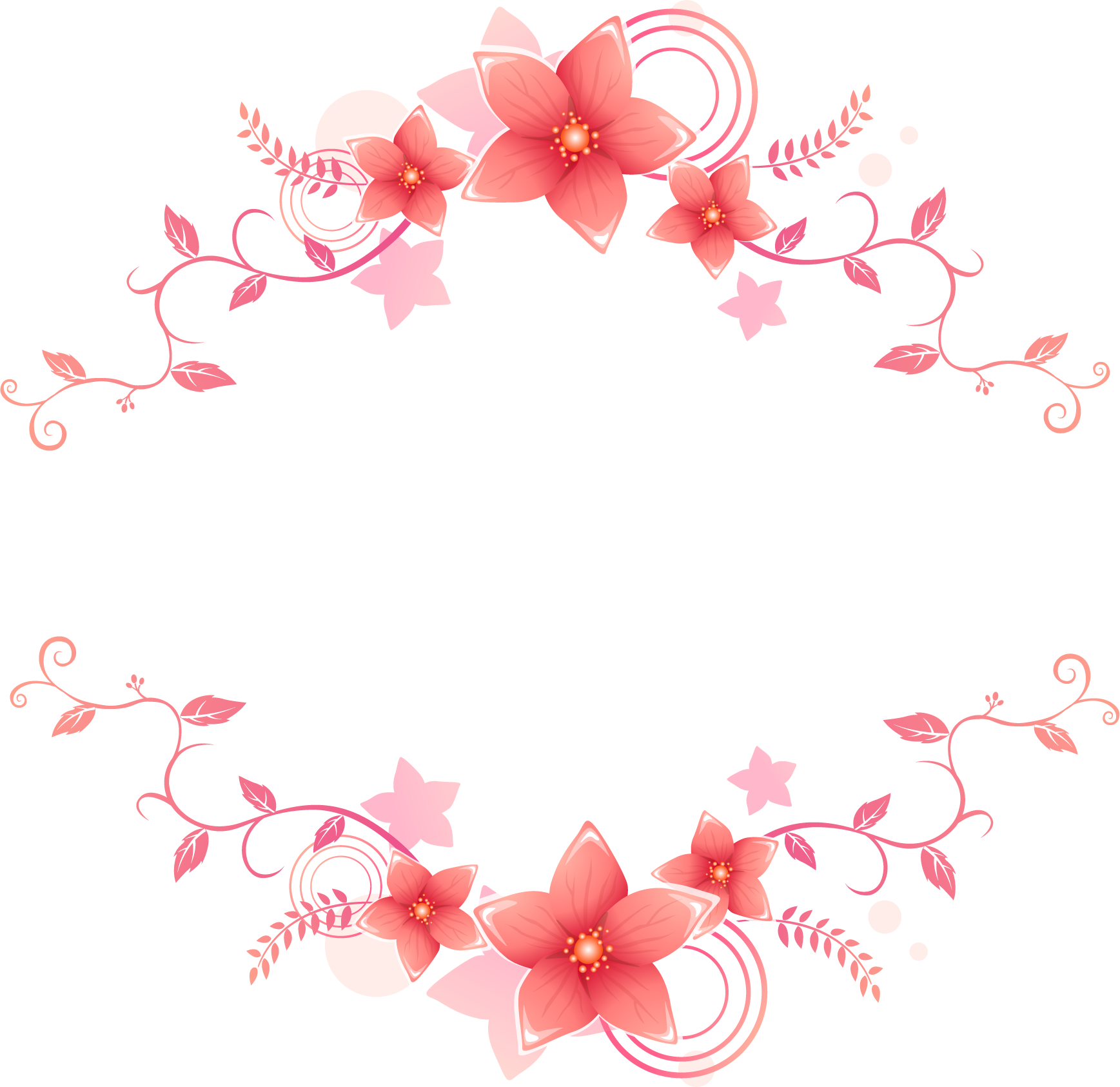 花のイラスト フリー素材 フレーム枠no 502 赤 ピンク 上下 蔓葉