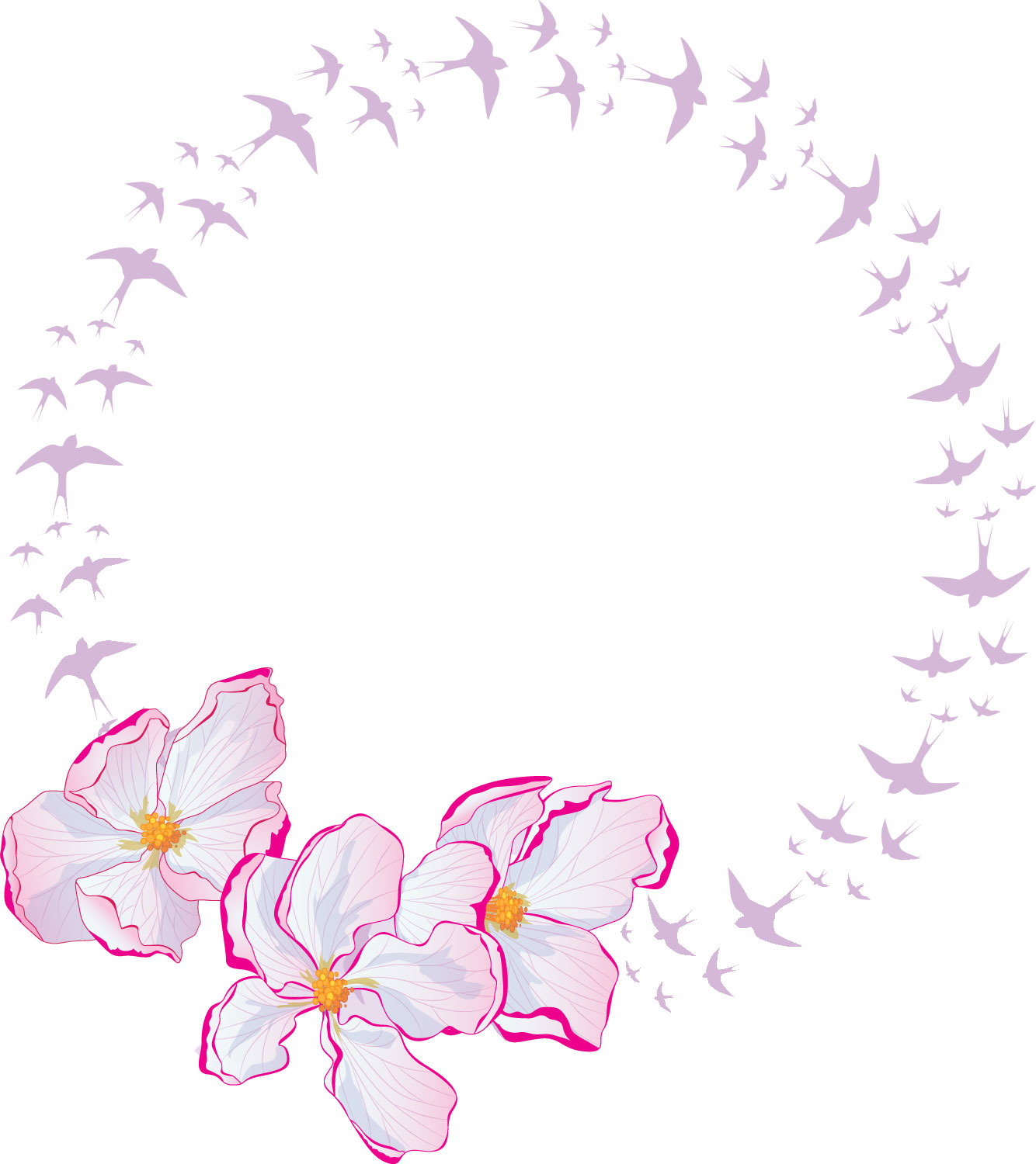 花のフレーム枠イラスト-ピンク・赤紫・鳥