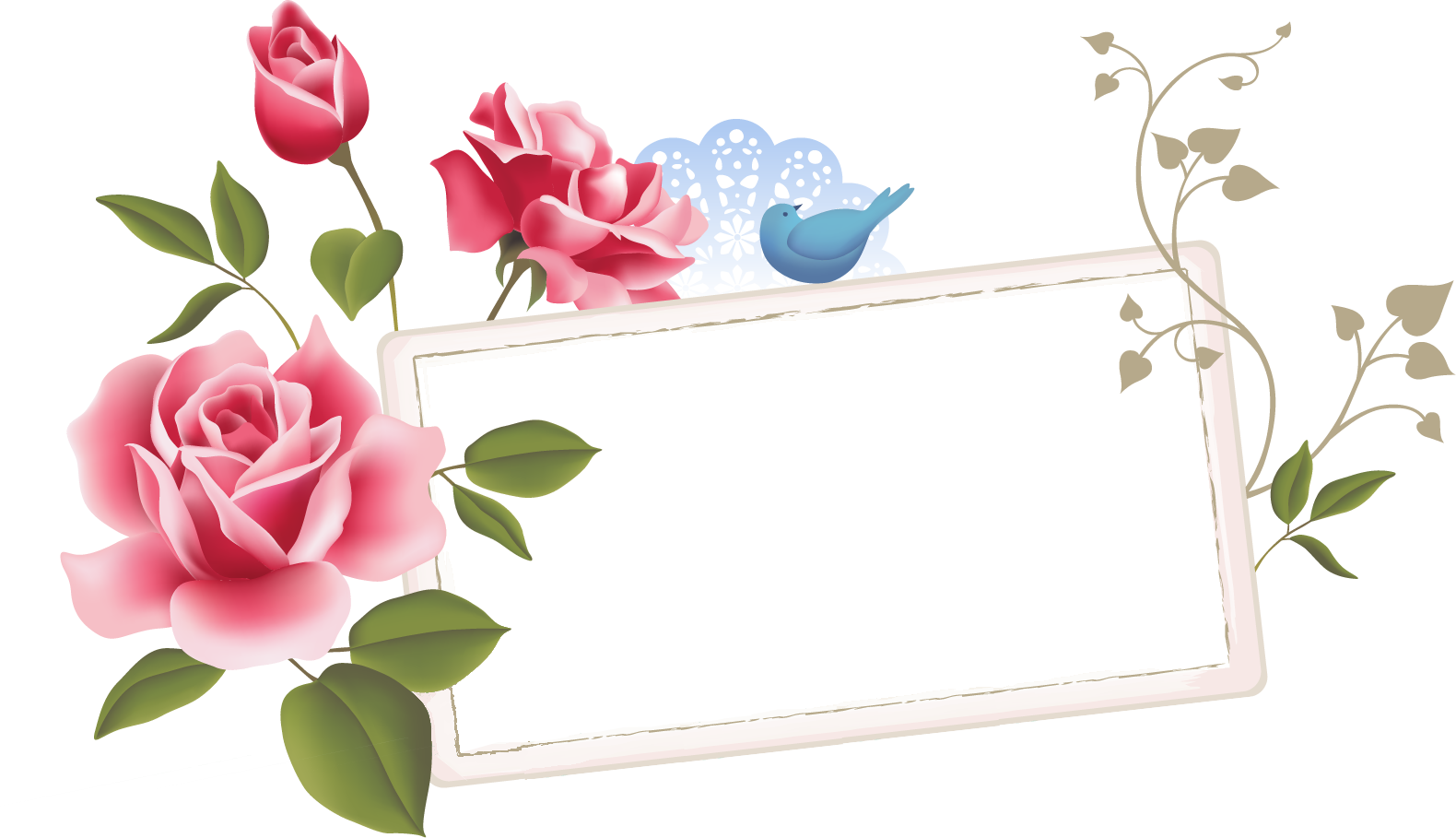 リアルな花のイラスト フリー素材 フレーム枠no 1093 ピンクのバラ 青い鳥