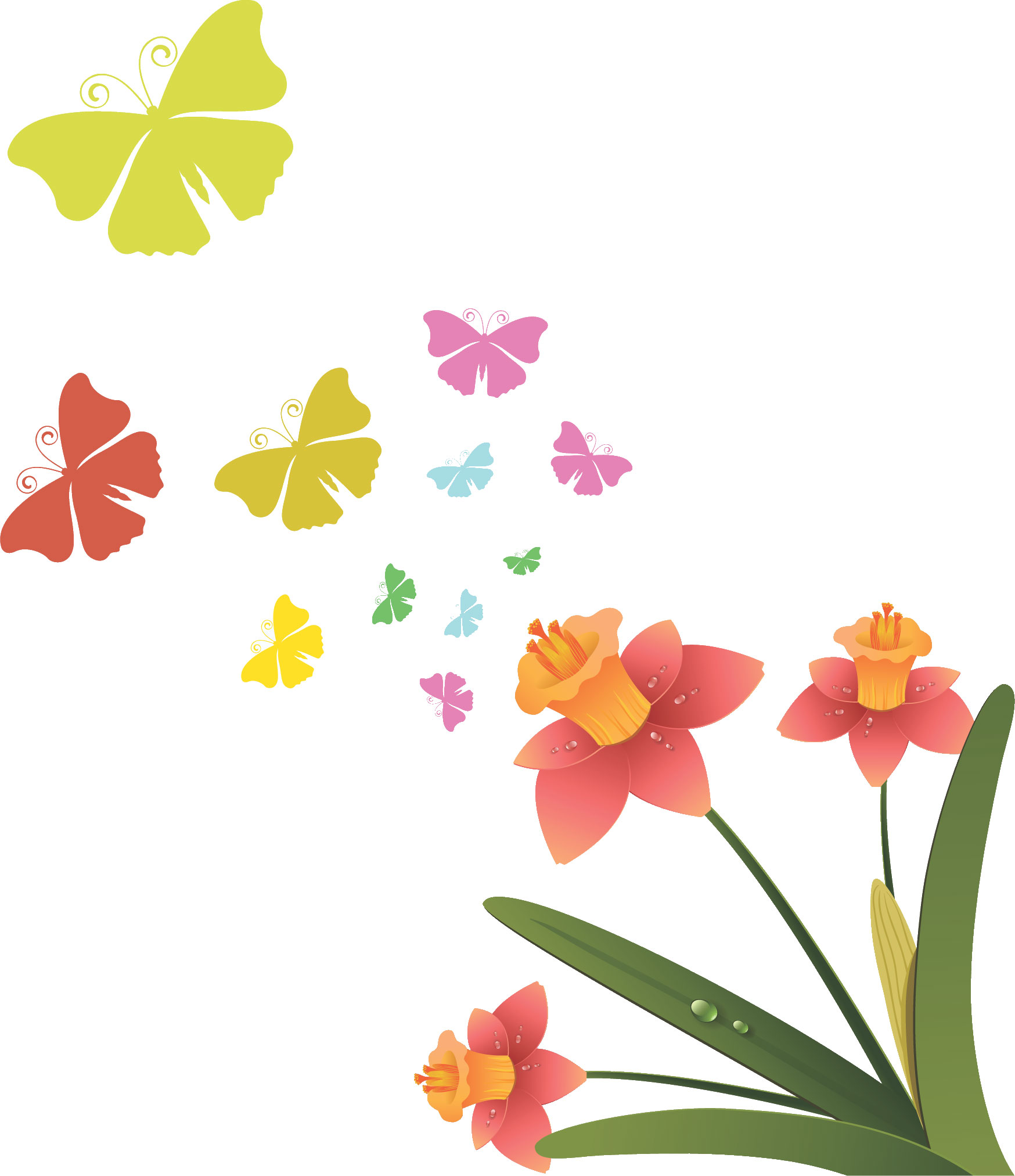 フルカラー カラフルな花のイラスト フリー素材 No 349 ピンク 水仙 蝶々