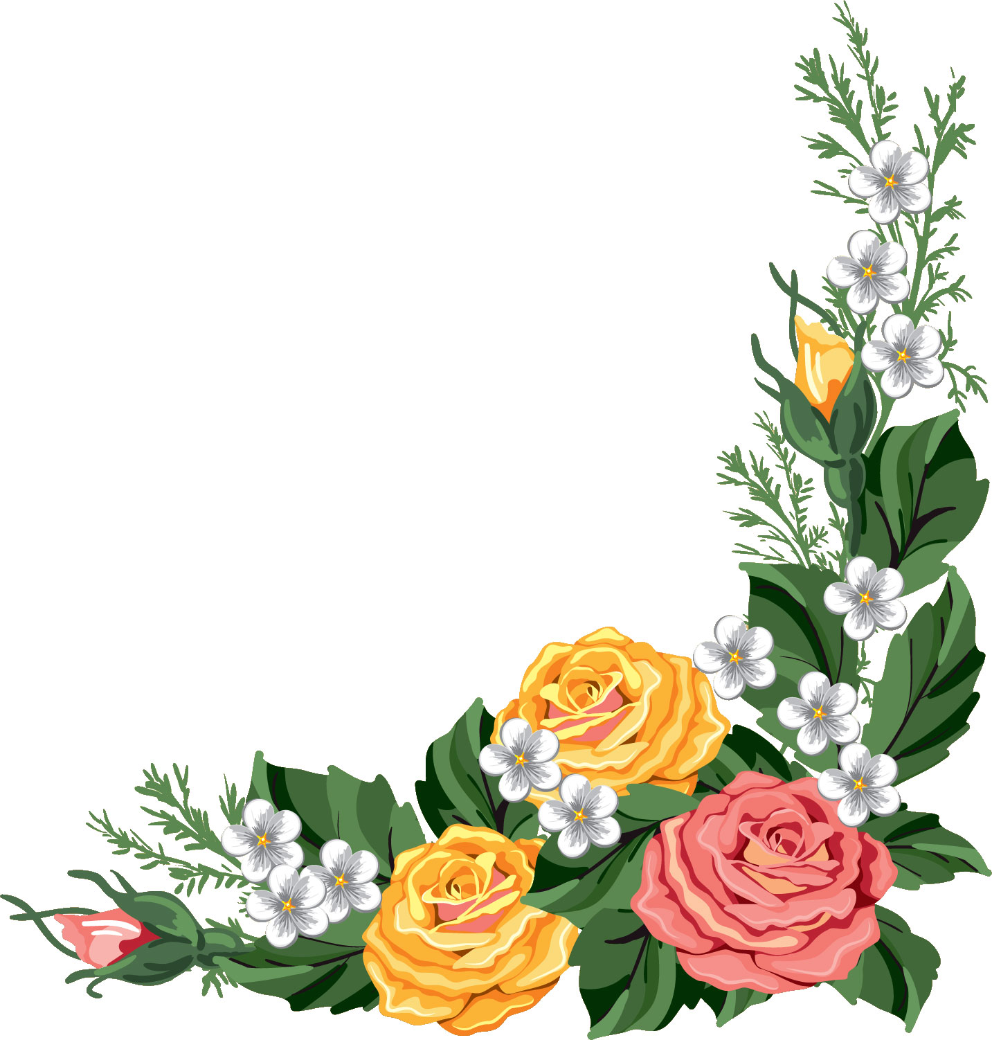 リアルな花のイラスト フリー素材 角 コーナー用no 1540 バラ 赤黄白 葉