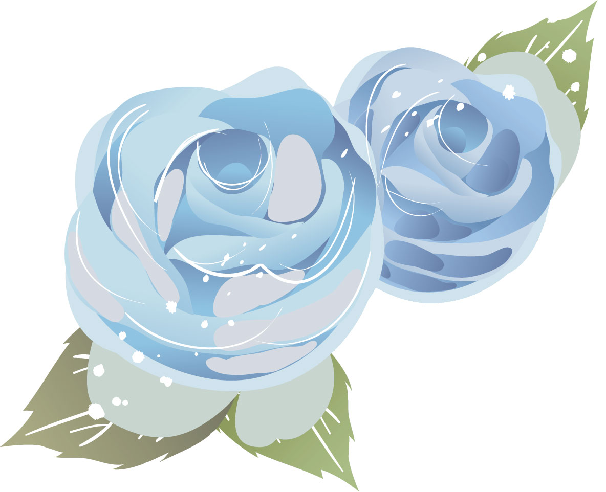 薔薇のイラスト見本-青いバラ2輪・葉