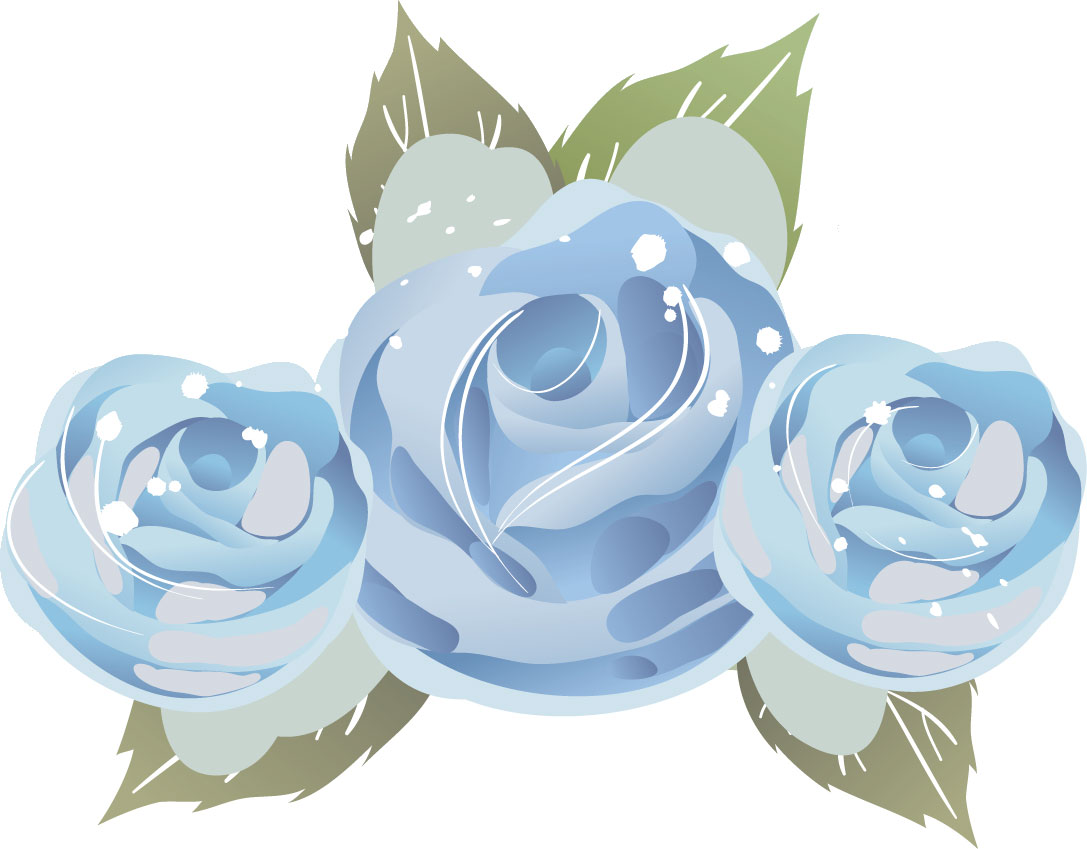 薔薇のイラスト見本-青いバラ3輪・葉