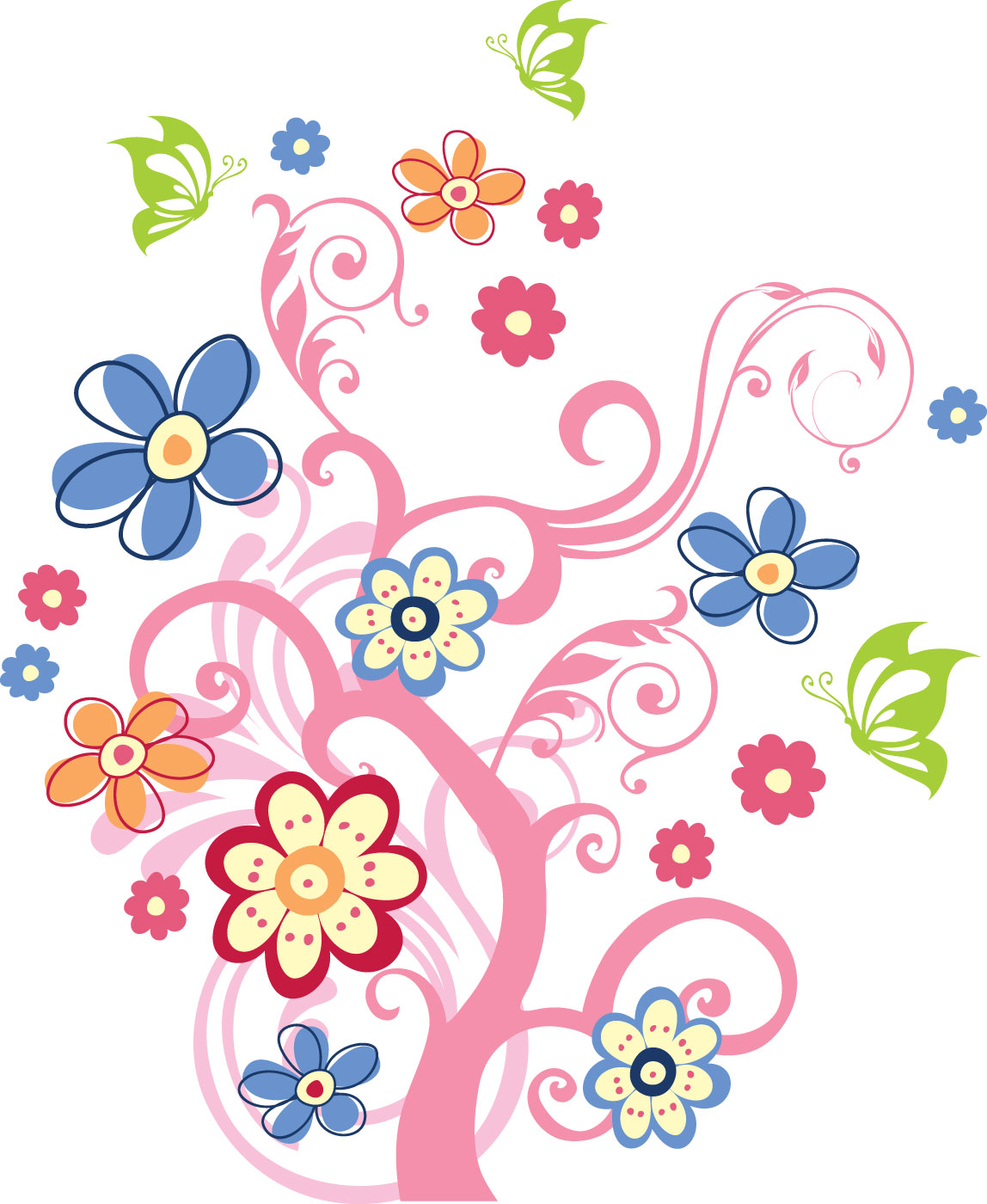フルカラー カラフルな花のイラスト フリー素材 No 427 カラフル 木枝 蝶