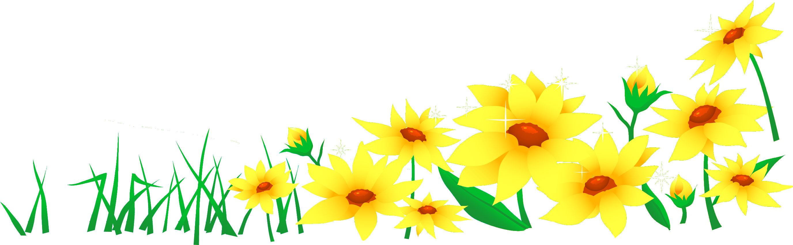 花のライン線イラスト-黄・たくさん・草葉