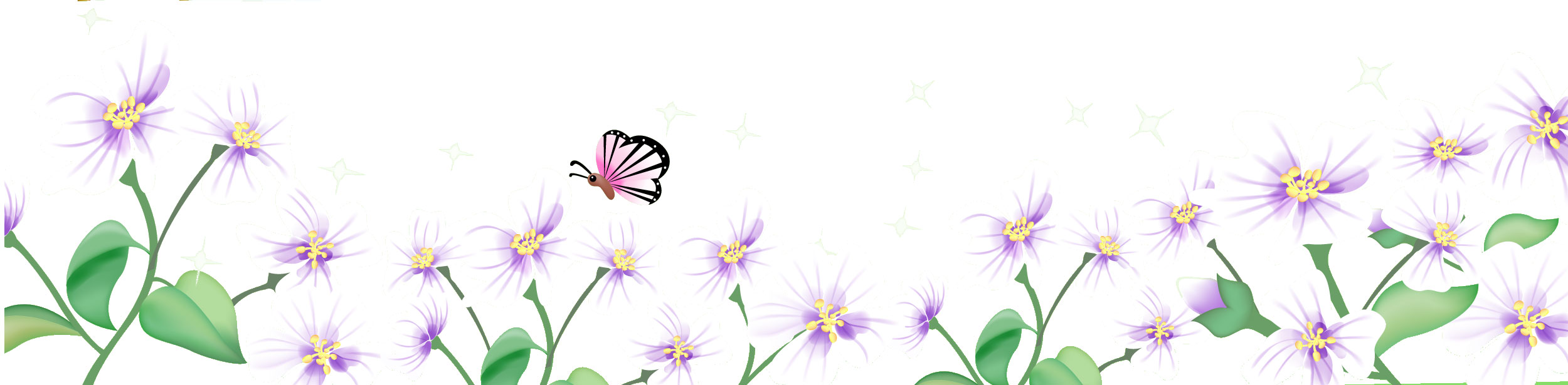 花のライン線イラスト-白紫・蝶・たくさん