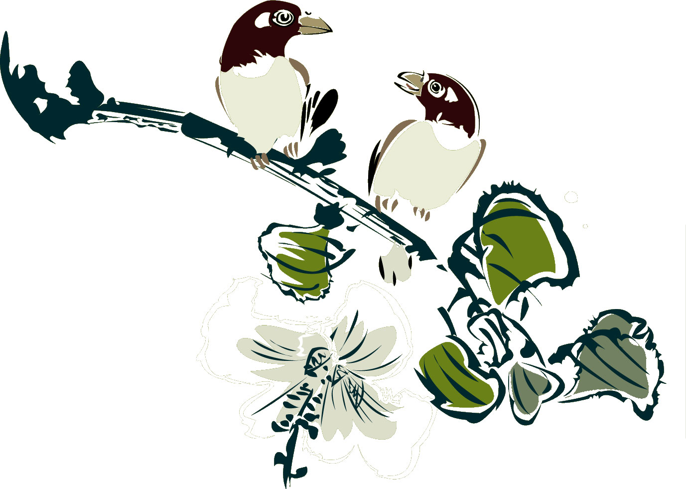 リアルタッチな花のイラスト フリー素材 No 646 枝にとまる二羽の鳥