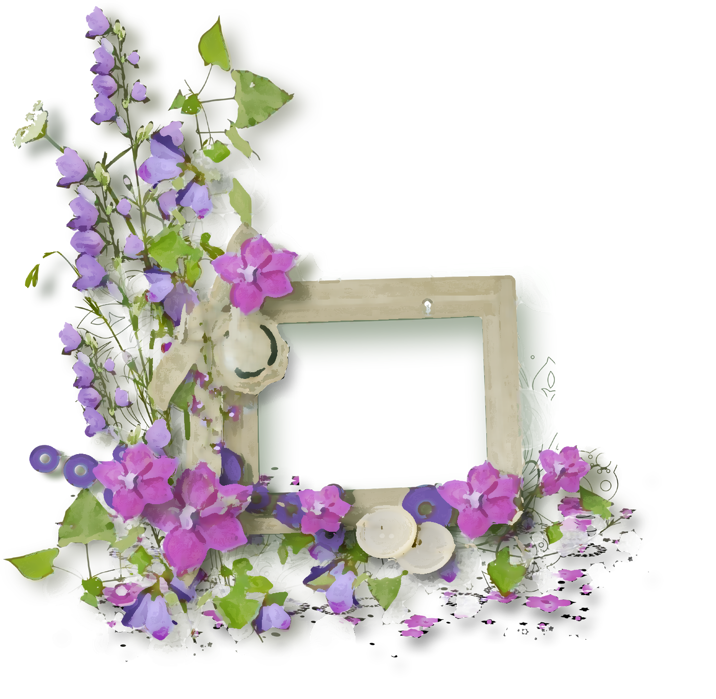 花のイラスト・フリー素材／フレーム枠No.559『紫・葉・ボタン・木窓』