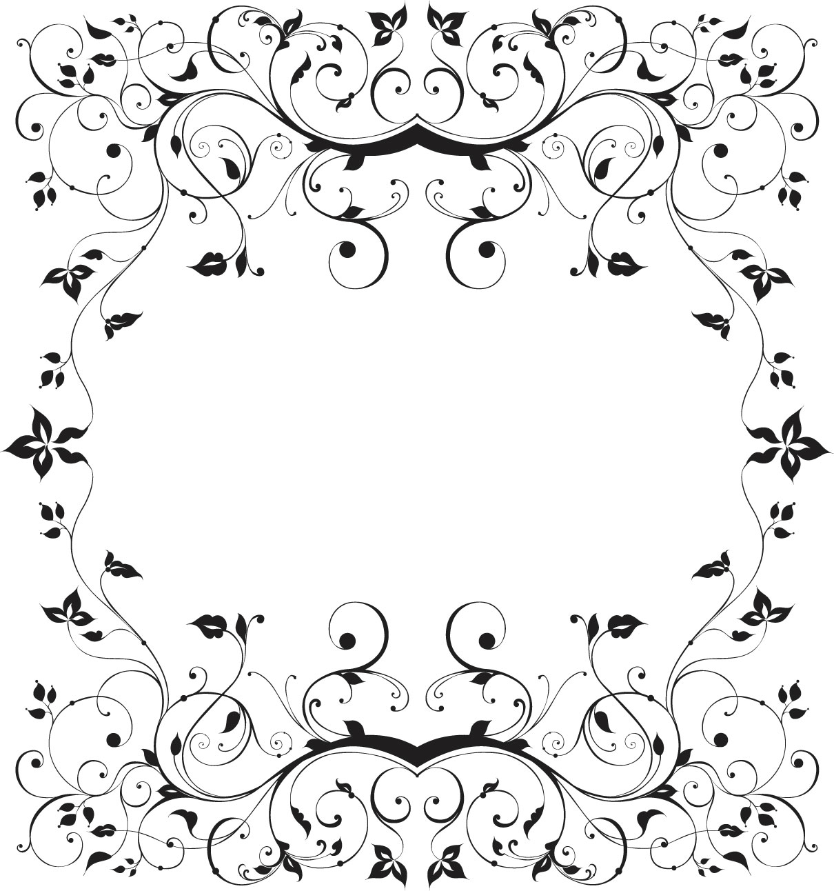 花のフレーム枠イラスト-白黒・茎葉・蔓