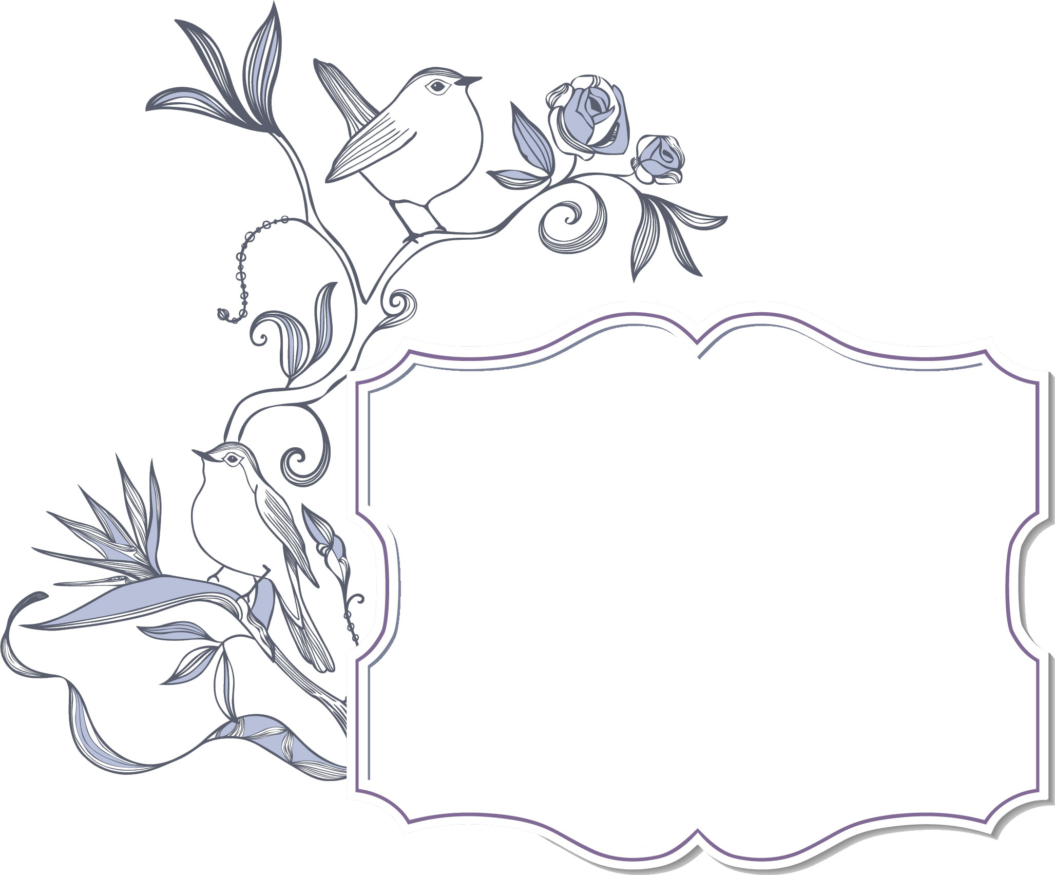 花のフレーム枠イラスト-水色・バラ・鳥