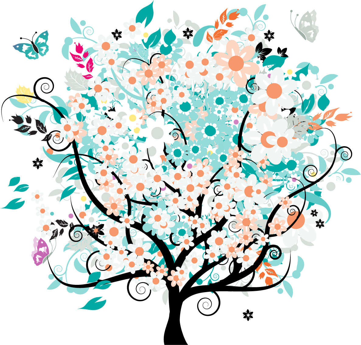 フルカラー カラフルな花のイラスト フリー素材 No 429 樹木と蝶