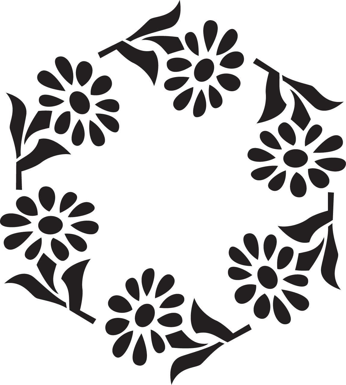 花のフレーム枠イラスト-白黒・花輪・六角形