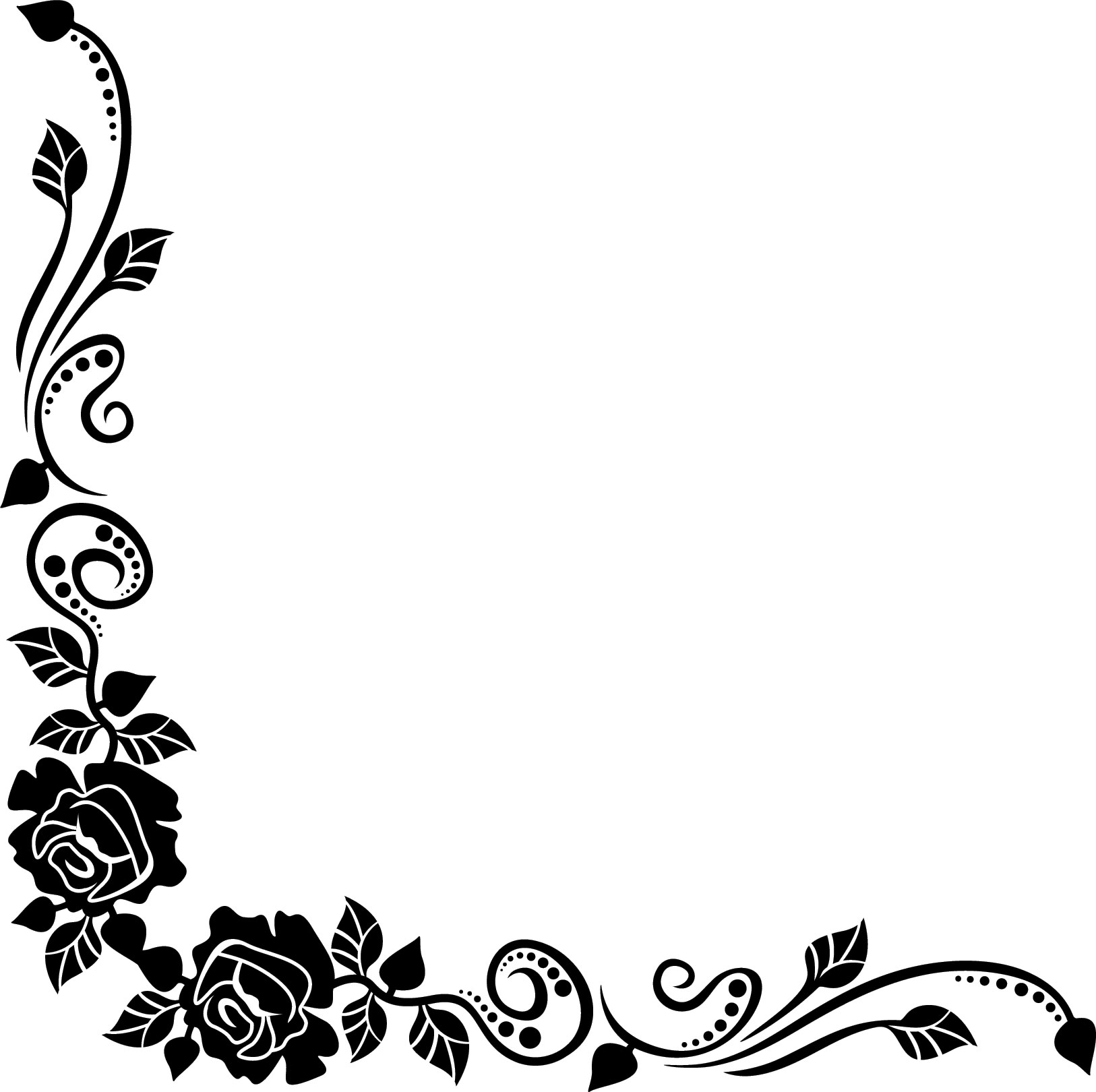 白黒 モノクロの花のイラスト フリー素材 ライン線 コーナー用no 864 白黒 バラ 葉