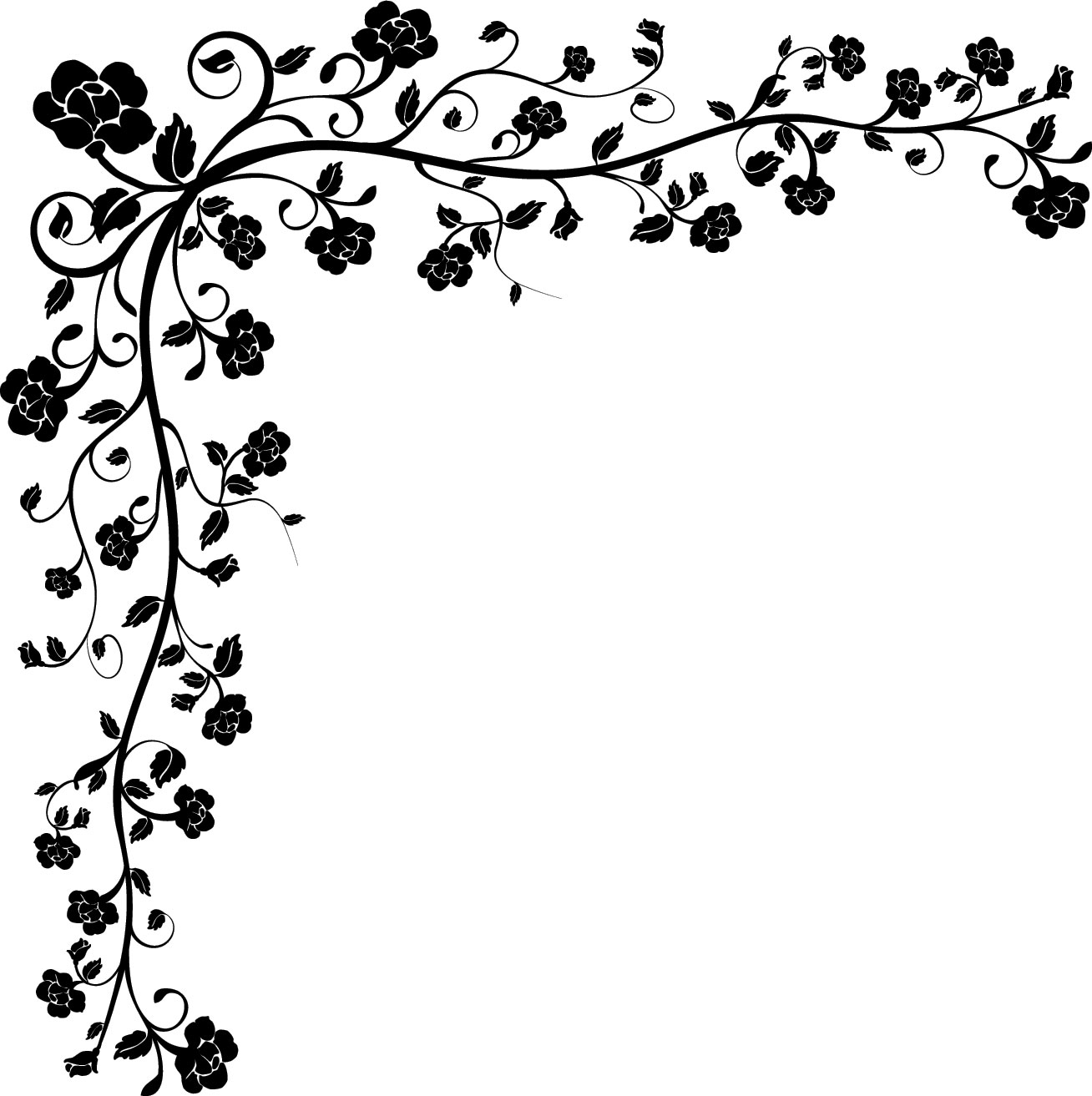 白黒 モノクロの花のイラスト フリー素材 ライン線 コーナー用no 869 白黒 茎葉 コーナー