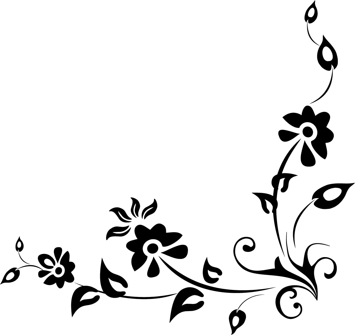 白黒 モノクロの花のイラスト フリー素材 ライン線 コーナー用no 870 白黒 葉 横