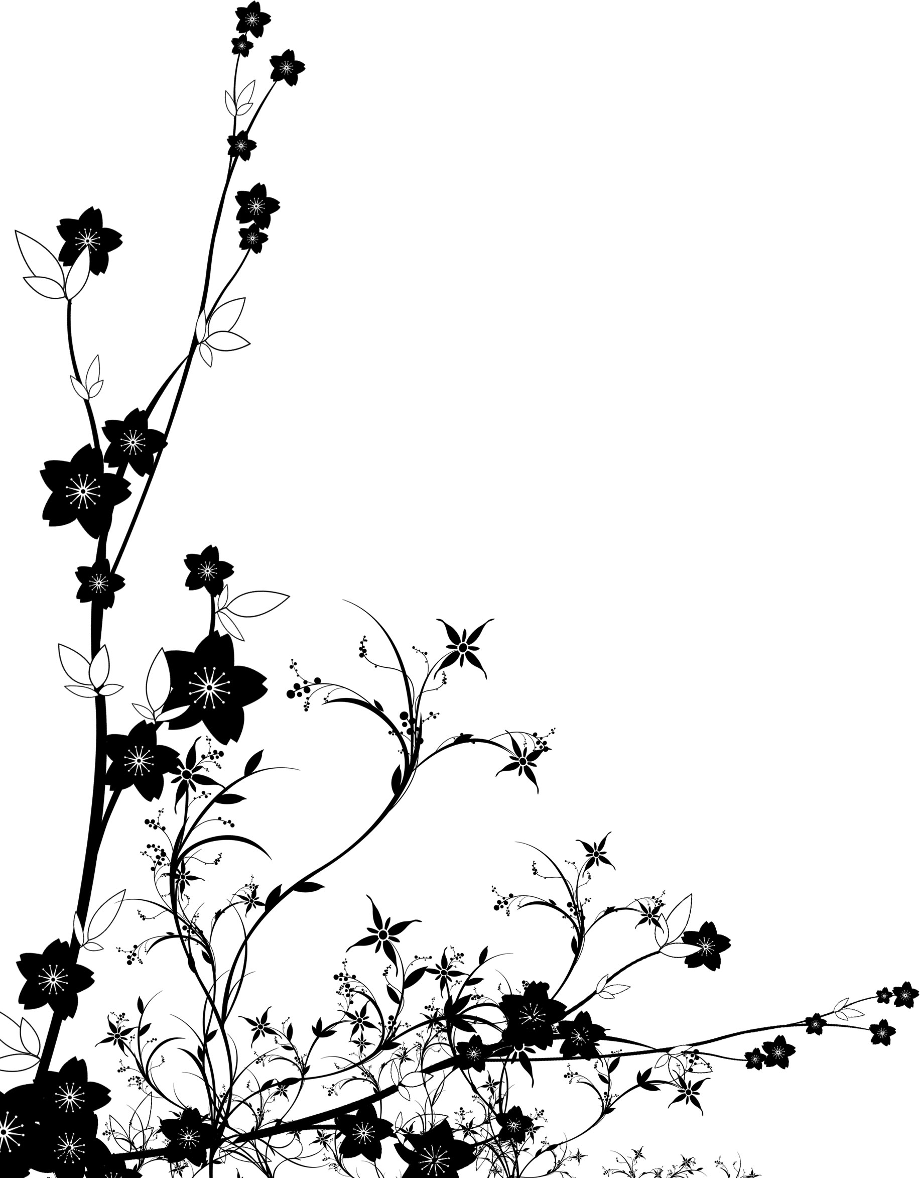 白黒・モノクロの花のイラスト・フリー素材／ライン線・コーナー用No.897『白黒・葉・コーナー』