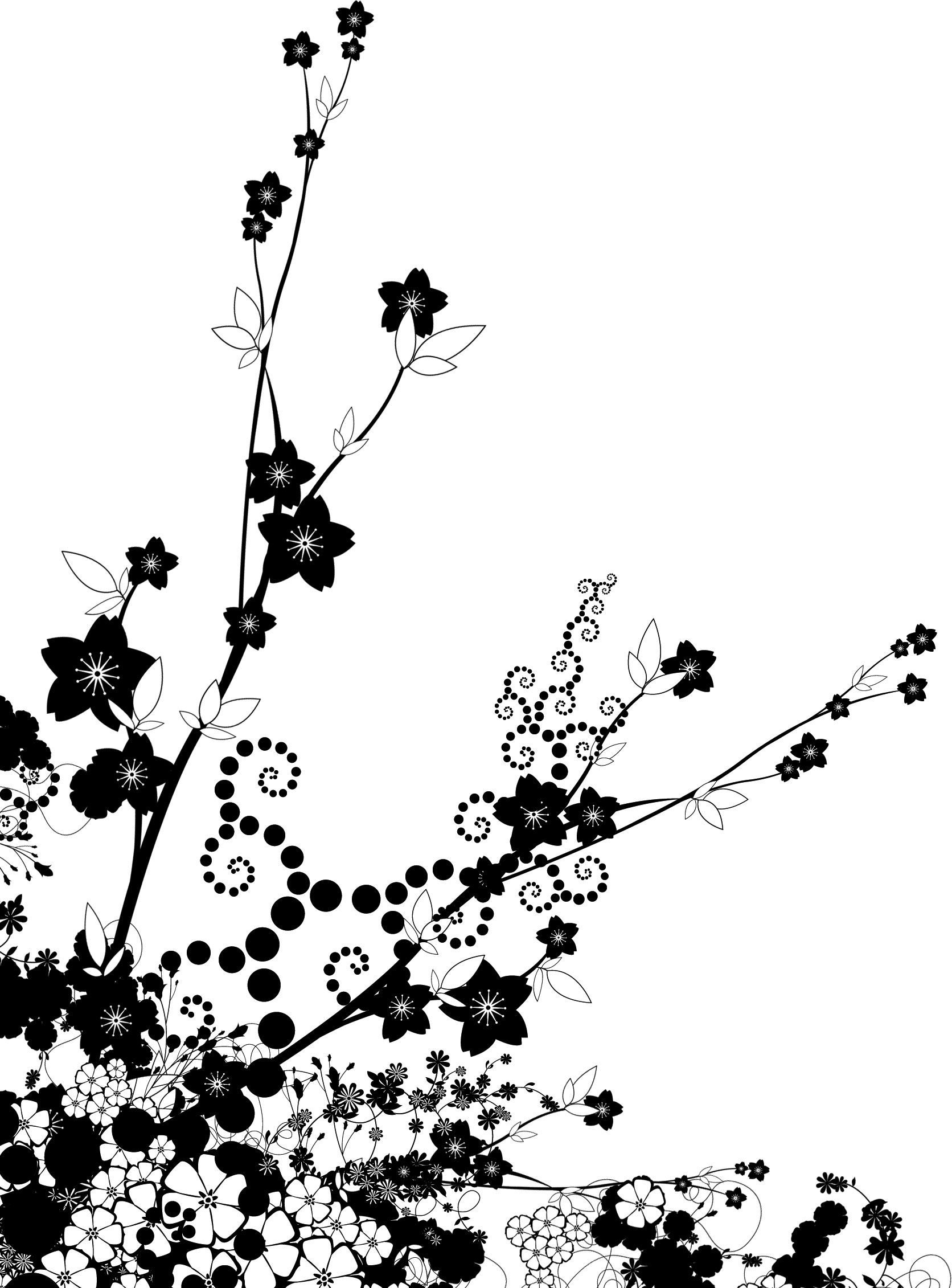 白黒・モノクロの花のイラスト・フリー素材／ライン線・コーナー用No.899『白黒・枝葉・コーナー』