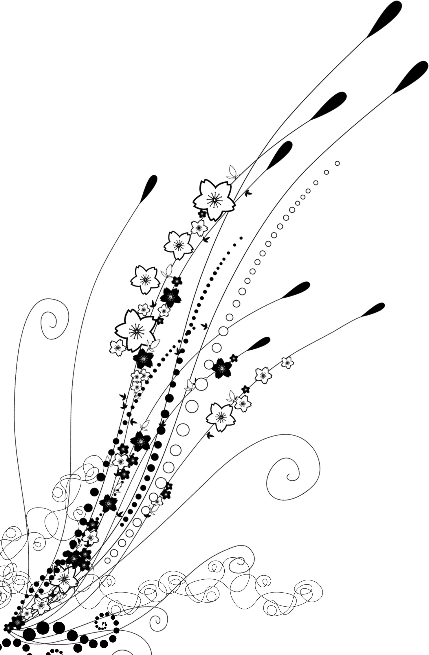 白黒 モノクロの花のイラスト フリー素材 ライン線 コーナー用no 900 白黒 枝 グルグル巻き