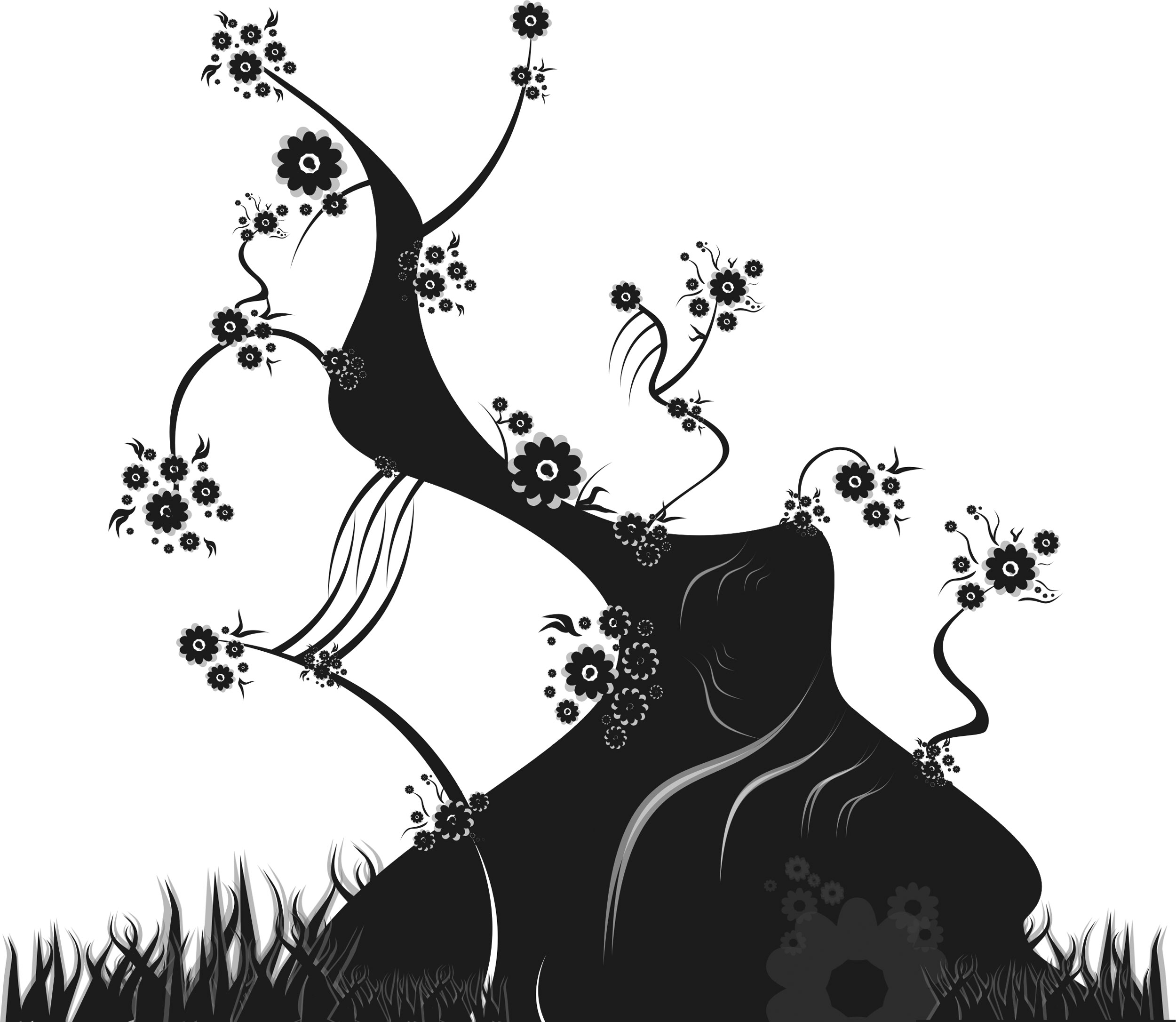 花のイラスト フリー素材 白黒 モノクロno 629 白黒 木幹 草葉