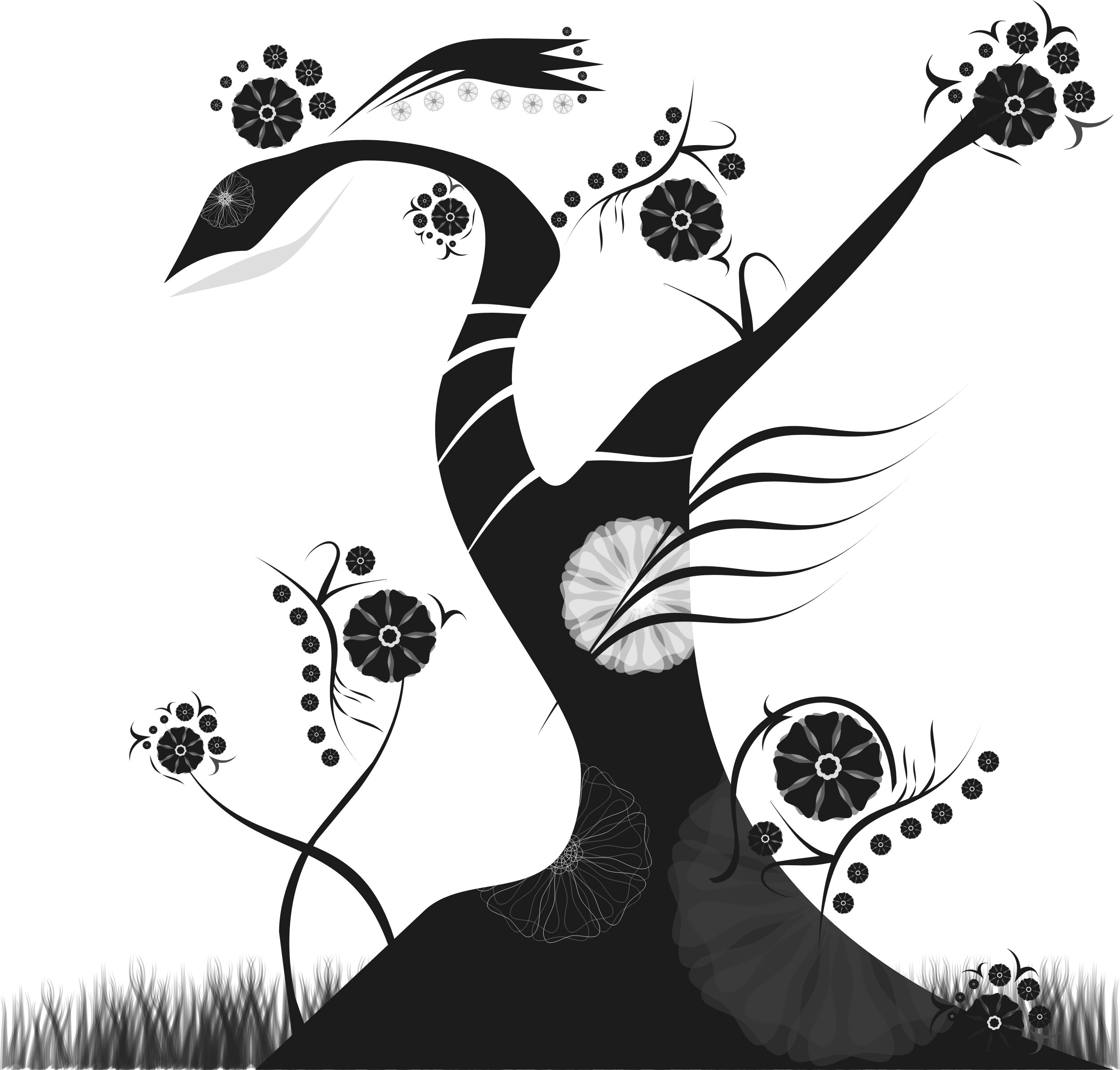 花のイラスト フリー素材 白黒 モノクロno 633 白黒 木幹 草葉５