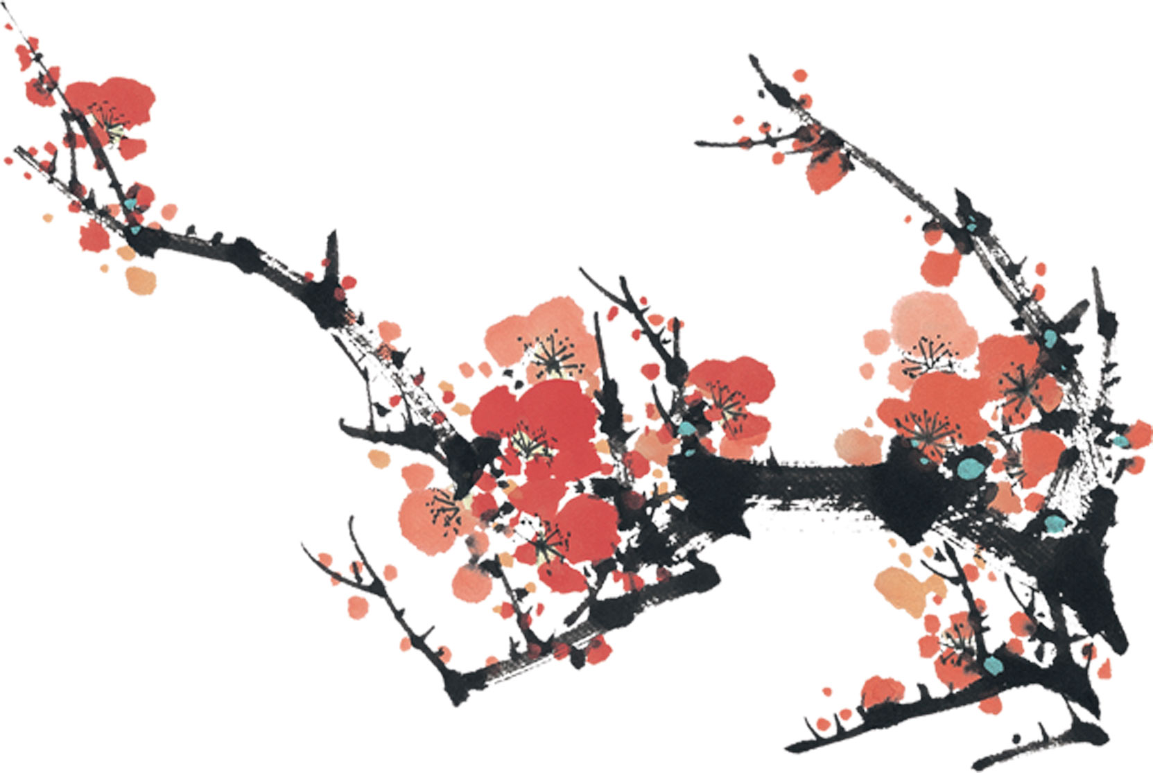 リアルタッチな花のイラスト フリー素材 No 1028 梅の花 枝 赤 和風