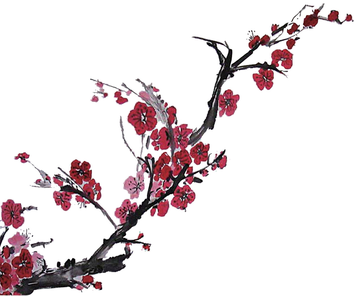 リアルタッチな花のイラスト フリー素材 No 1029 梅の花 枝 赤 和風