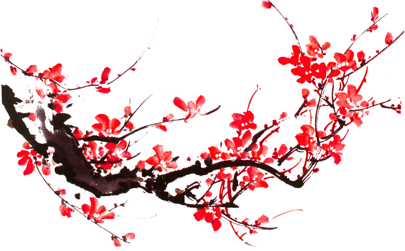 リアルタッチな花のイラスト フリー素材 No 1035 赤 枝 和風