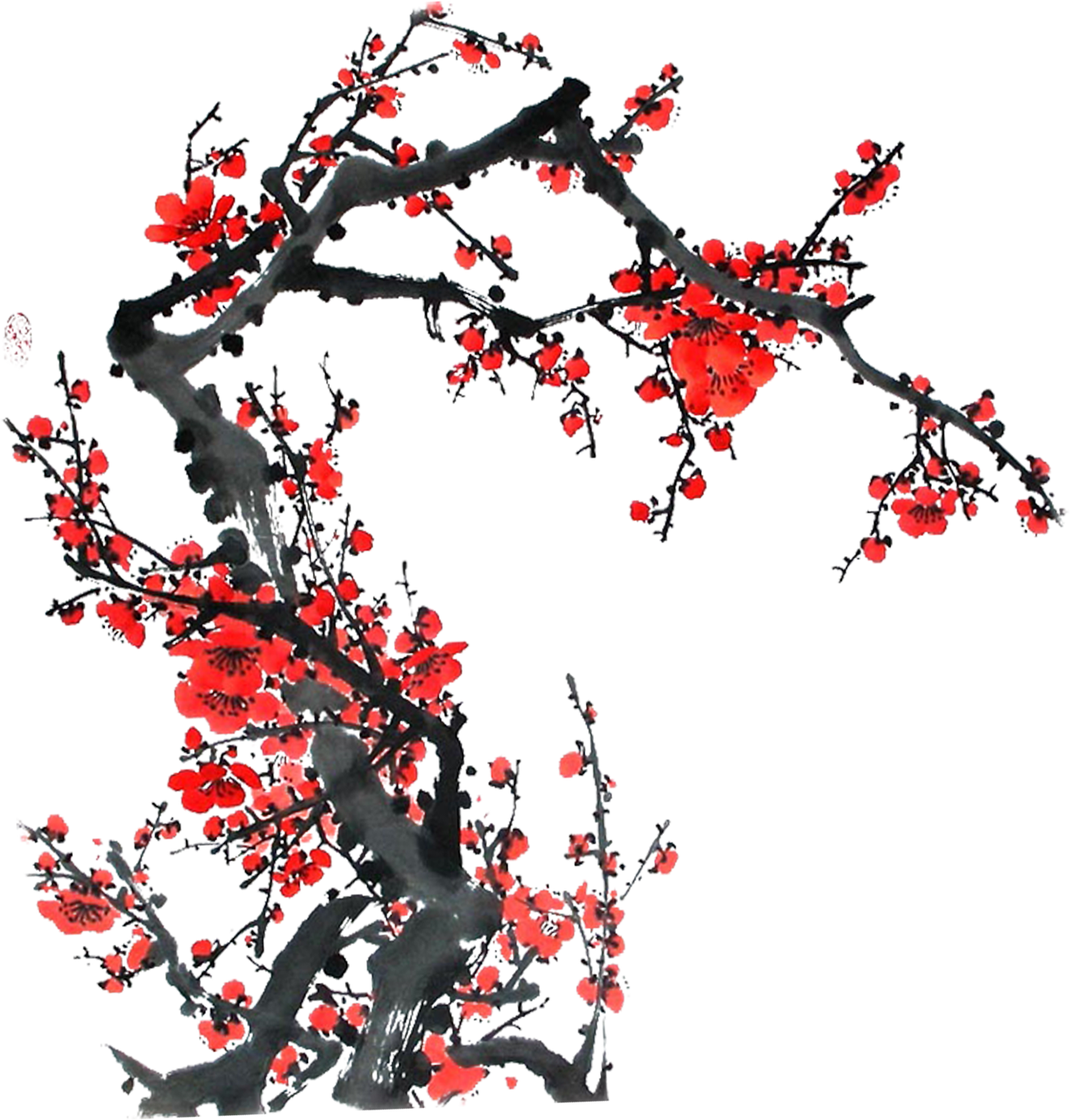 リアルタッチな花のイラスト フリー素材 No 1041 梅の花 枝 赤 和風