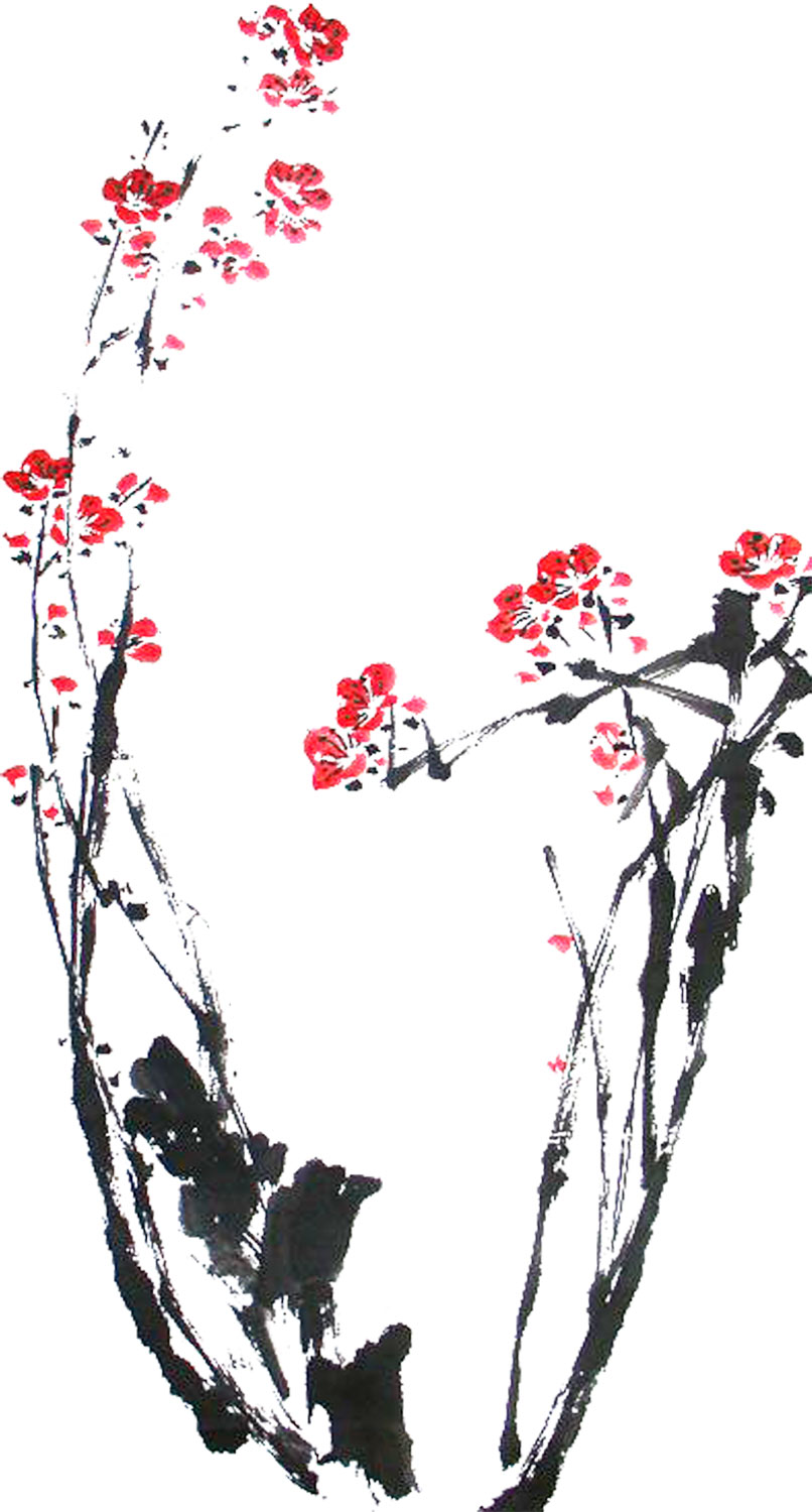 リアルタッチな花のイラスト フリー素材 No 1042 赤 枝 和風