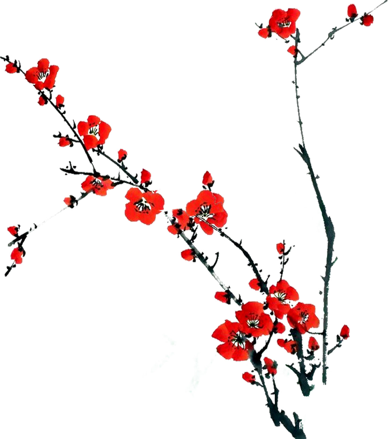 リアルタッチな花のイラスト フリー素材 No 1044 赤 枝 和風