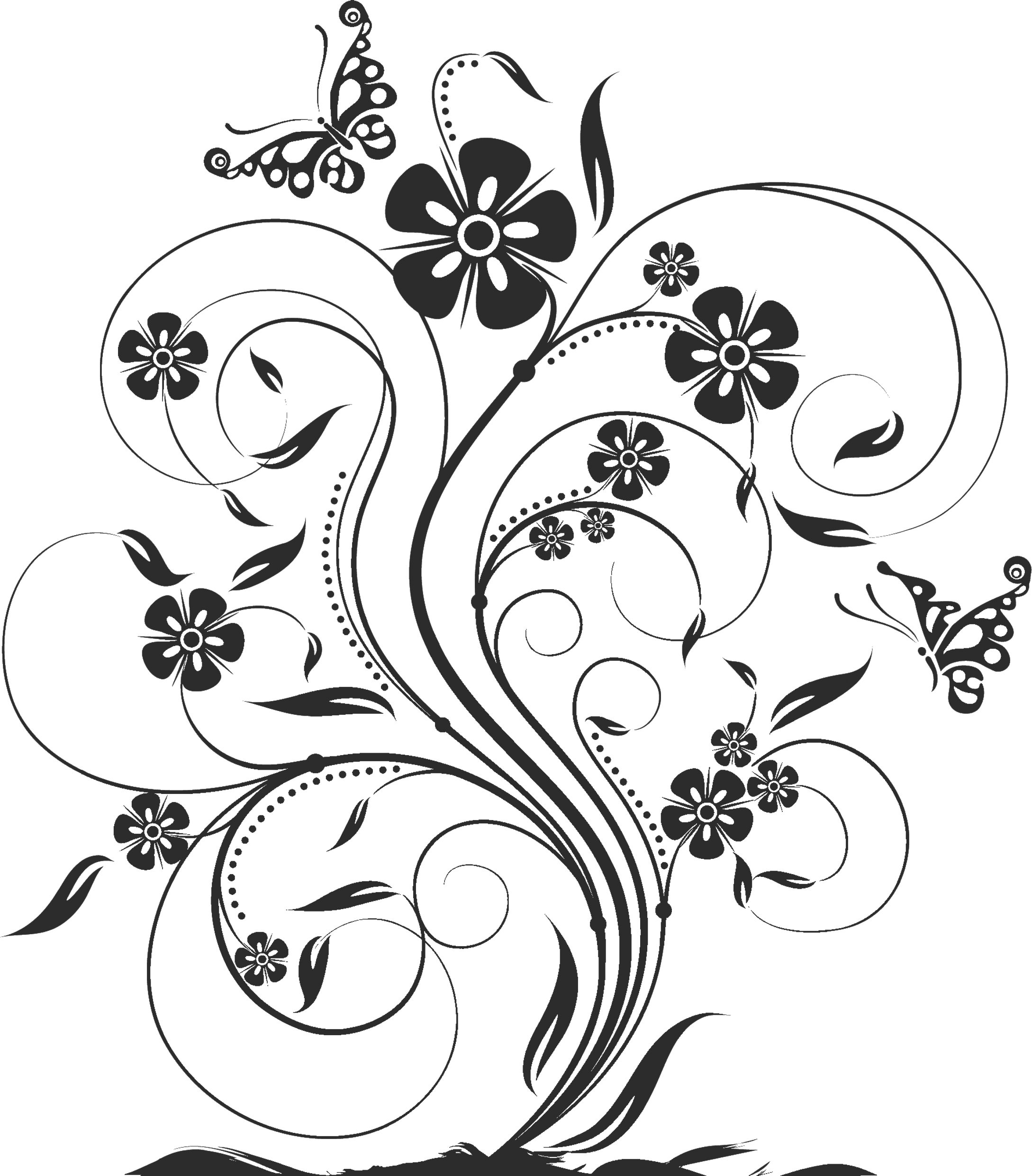 花のイラスト フリー素材 白黒 モノクロno 4 白黒 茎葉 蝶