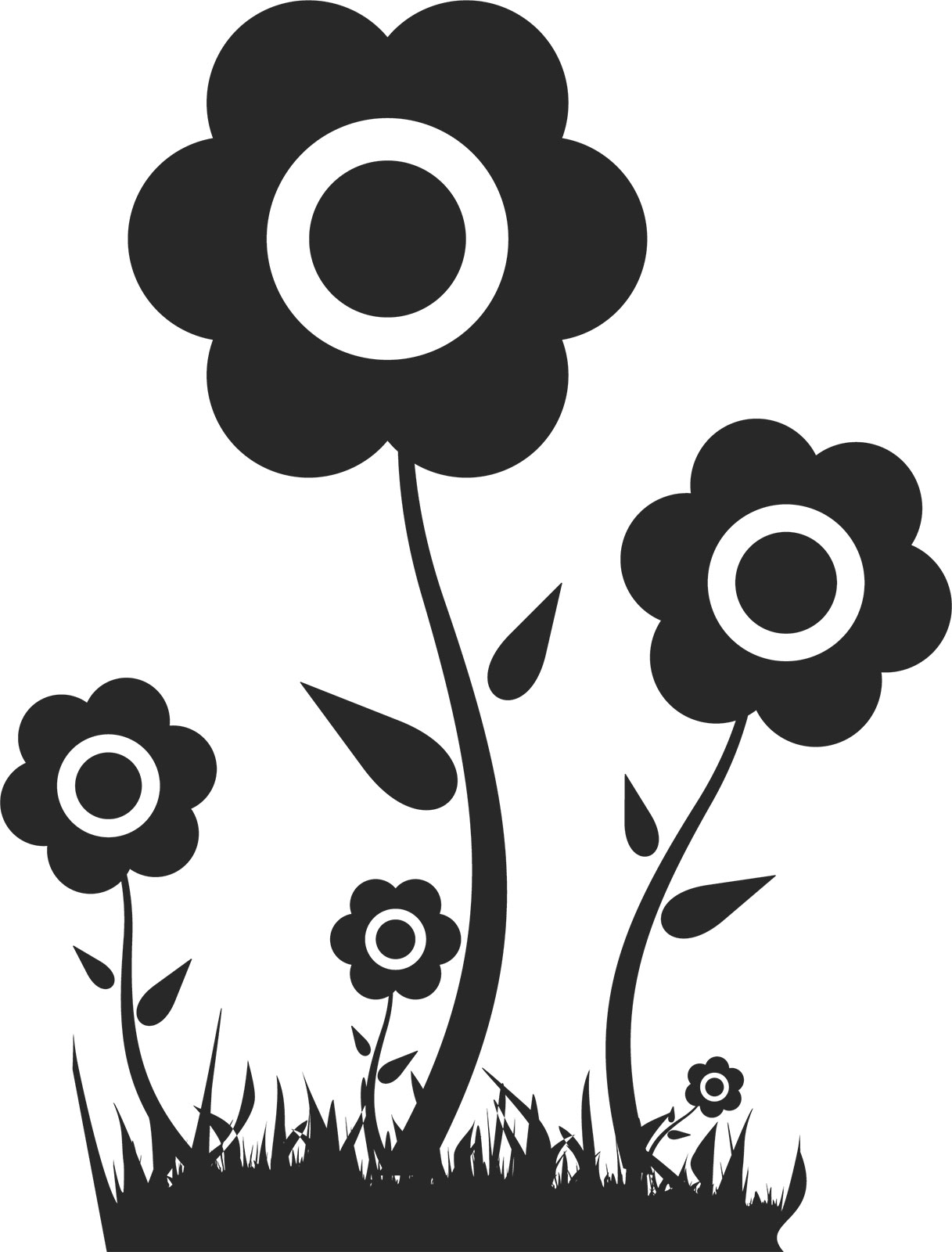 ポップでかわいい花のイラスト・フリー素材／No.1348『白黒・群生』