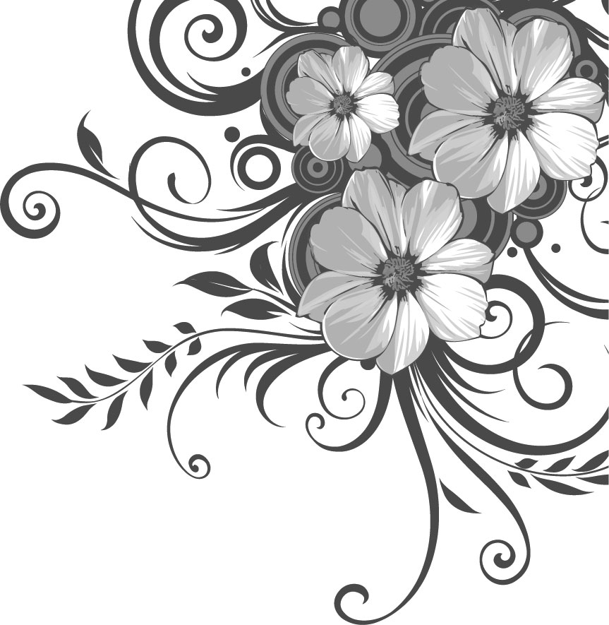 白黒 モノクロの花のイラスト フリー素材 ライン線 コーナー用no 909 白黒 茎葉