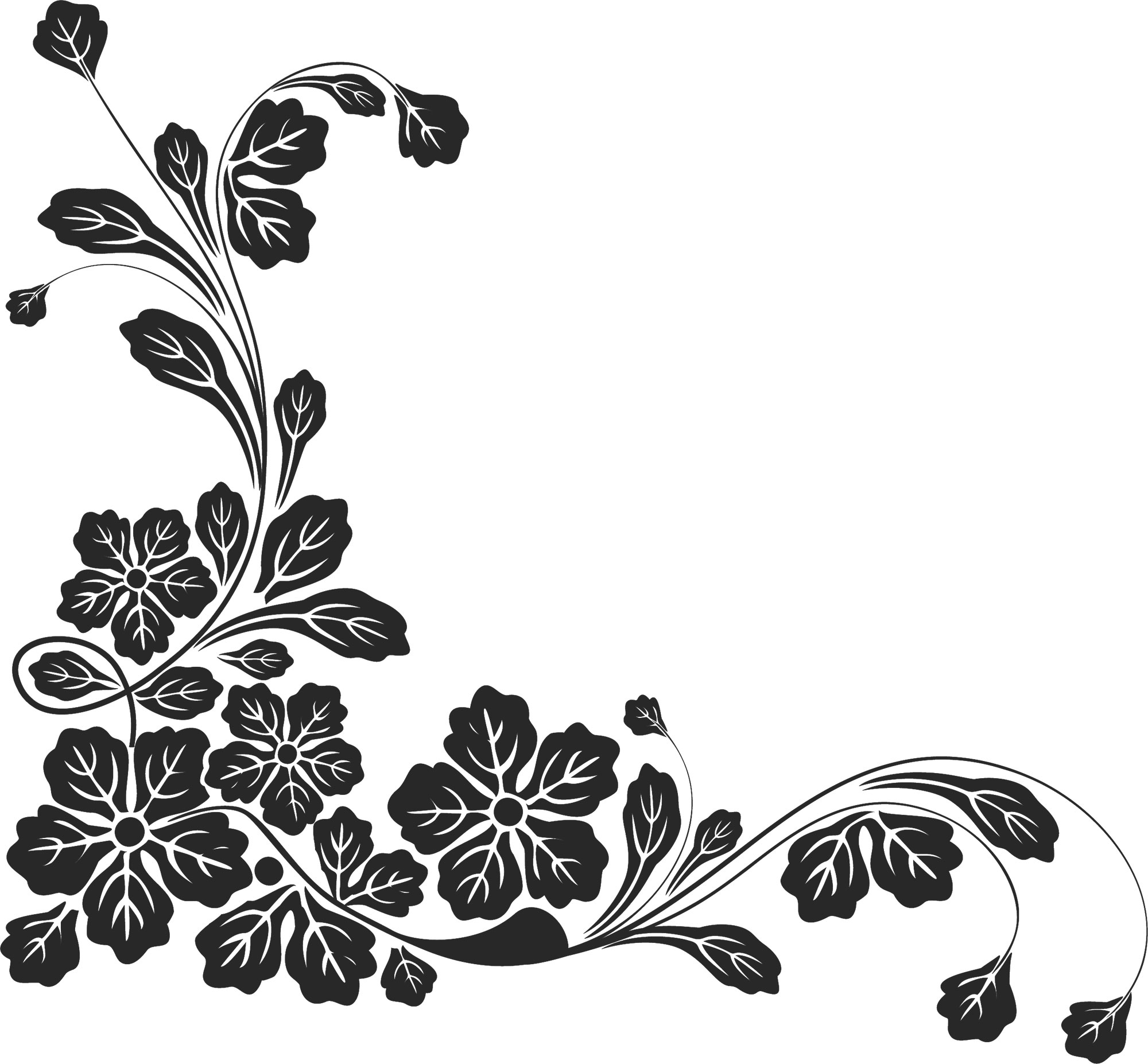 白黒 モノクロの花のイラスト フリー素材 ライン線 コーナー用no 876 白黒 蔓葉 カーブ
