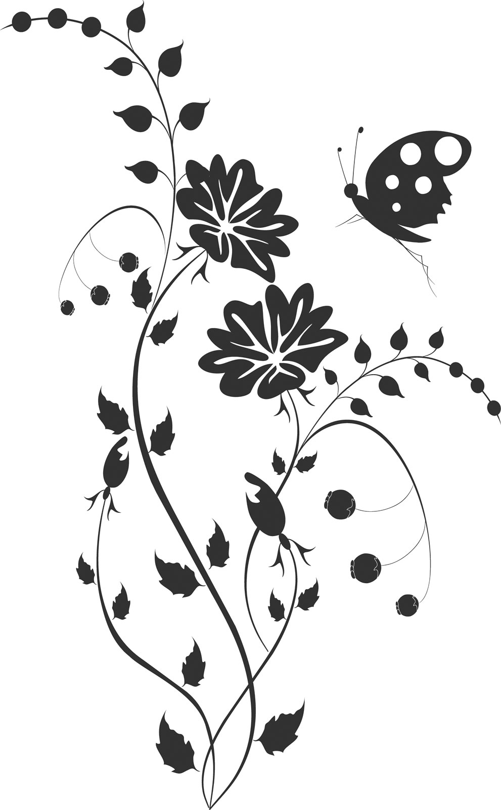 ポップでかわいい花のイラスト フリー素材 No 1370 白黒 茎葉 蝶