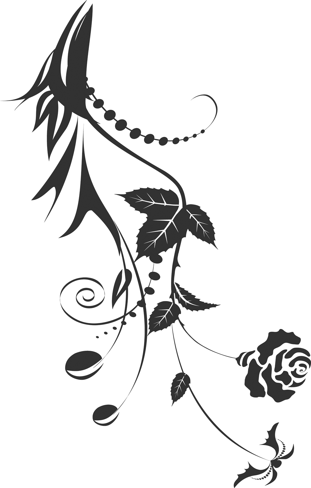 バラの画像 イラスト 白黒 モノクロ No 765 白黒 茎葉 カーブ