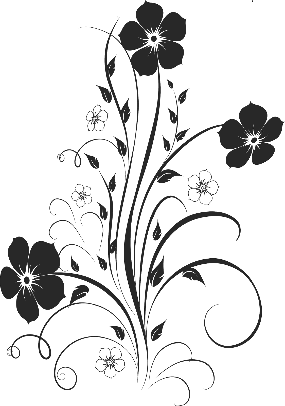 ポップでかわいい花のイラスト フリー素材 No 1379 白黒 茎葉 曲線