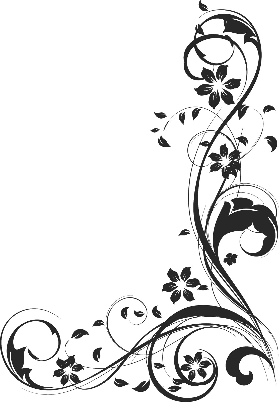 白黒 モノクロの花のイラスト フリー素材 ライン線 コーナー用no 878 白黒 茎葉 曲線