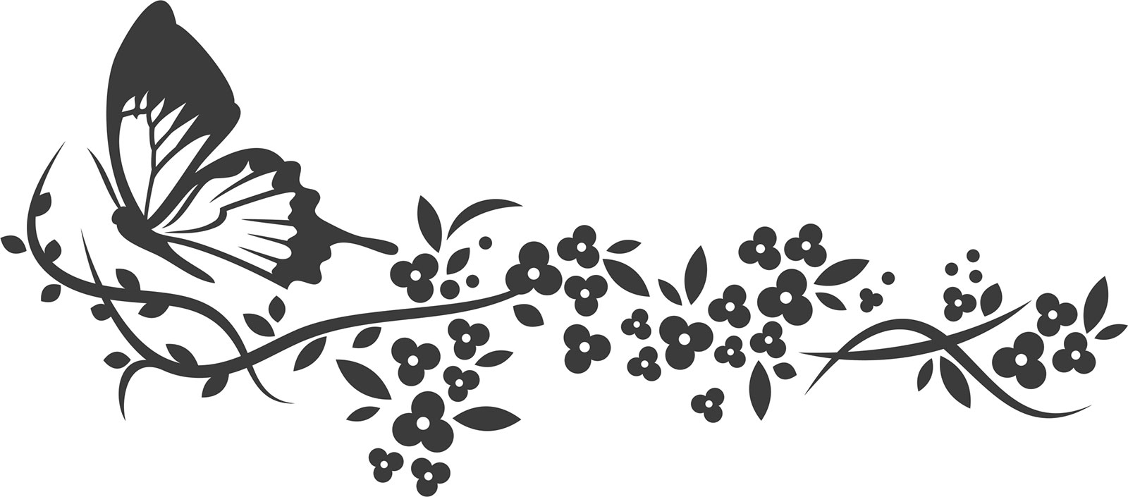 花のイラスト フリー素材 白黒 モノクロno 359 白黒 茎葉 蝶 カーブ