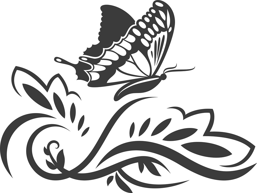 花のイラスト フリー素材 白黒 モノクロno 556 白黒 茎葉 蝶 カーブ