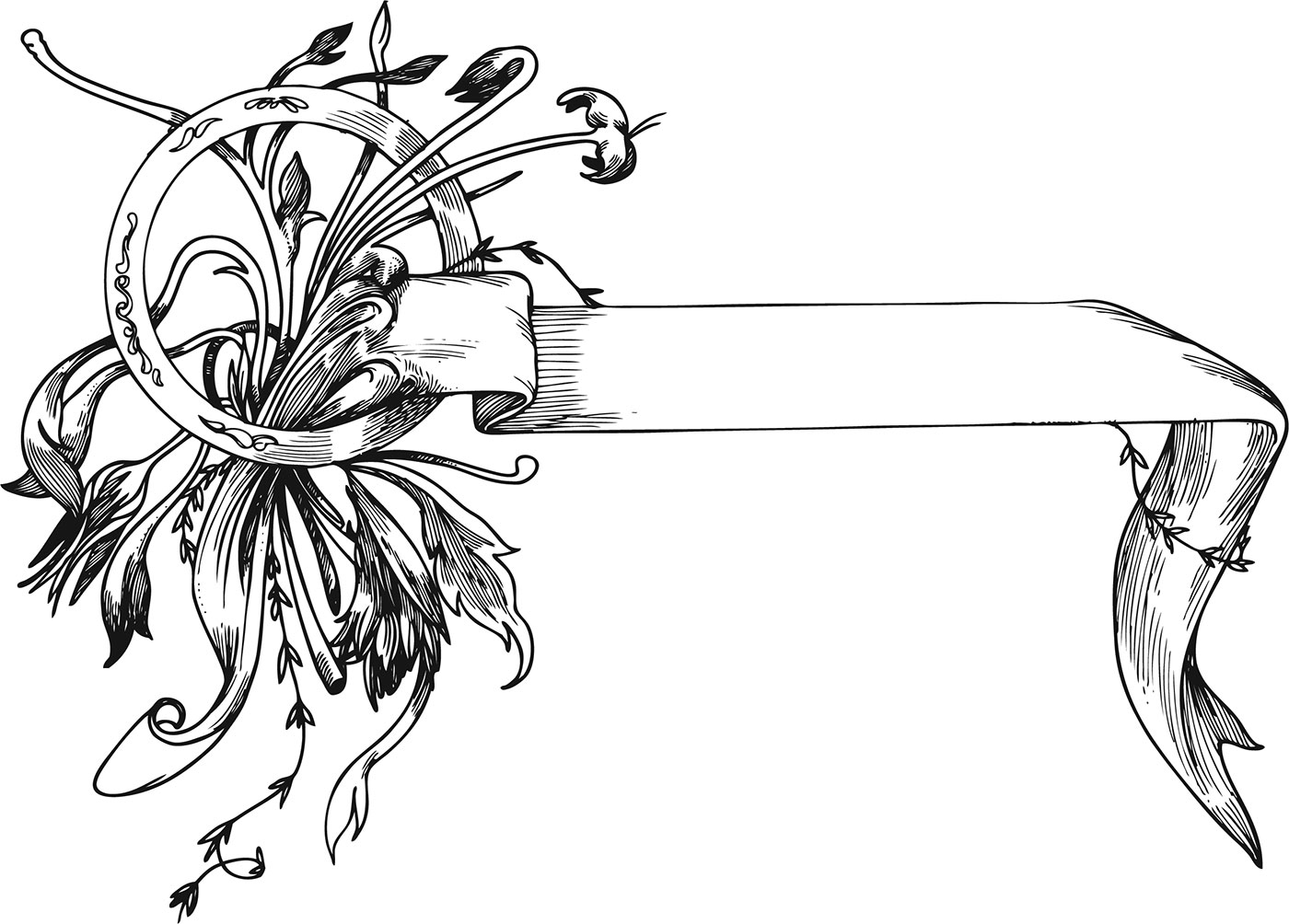 白黒 モノクロの花のイラスト フリー素材 フレーム枠no 799 白黒 茎葉 リボン 輪