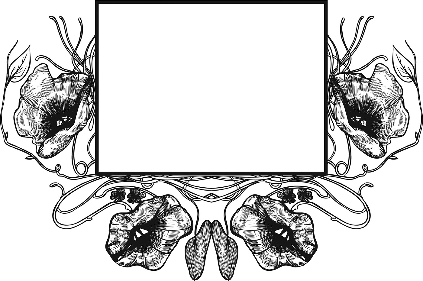 花のフレーム枠イラスト-白黒・蔓・葉・四角窓