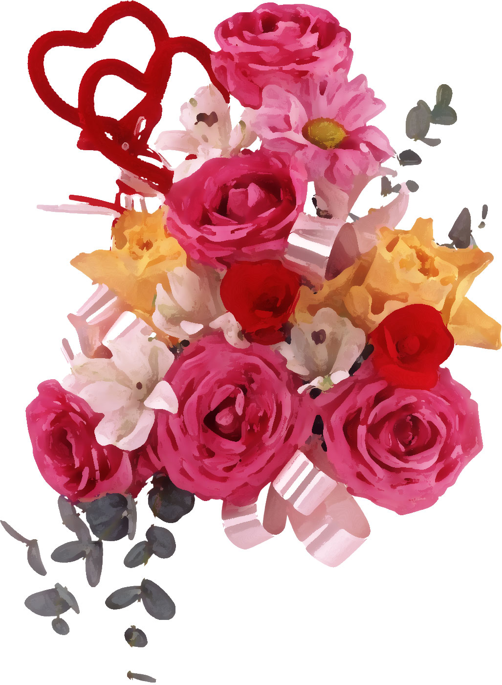 リアルタッチな花のイラスト フリー素材 No 856 バラの花束 リボン