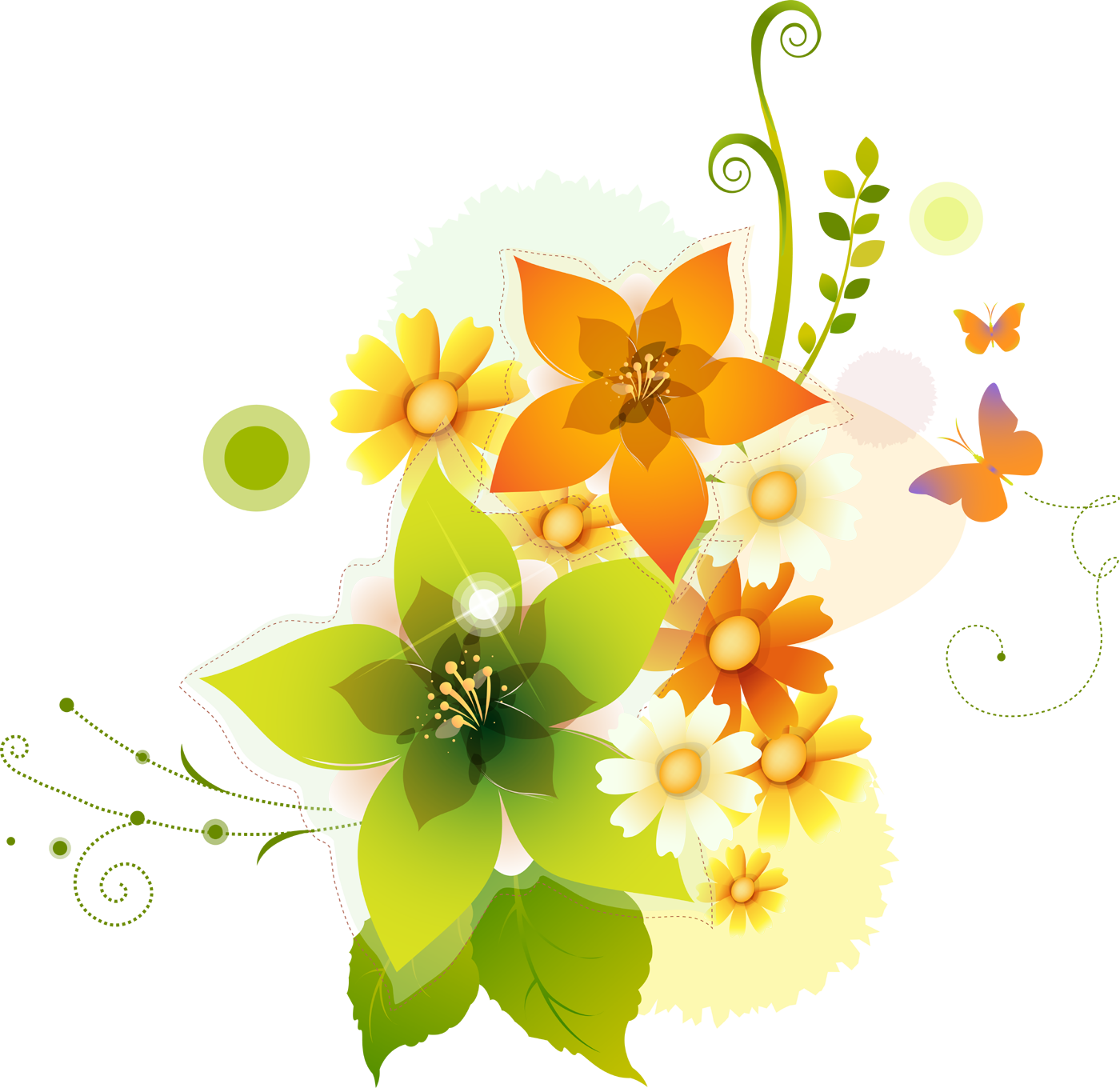 花のイラスト フリー素材 花束no 073 黄緑赤白 蝶