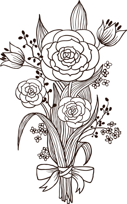薔薇のイラスト見本-白黒・花束・リボン