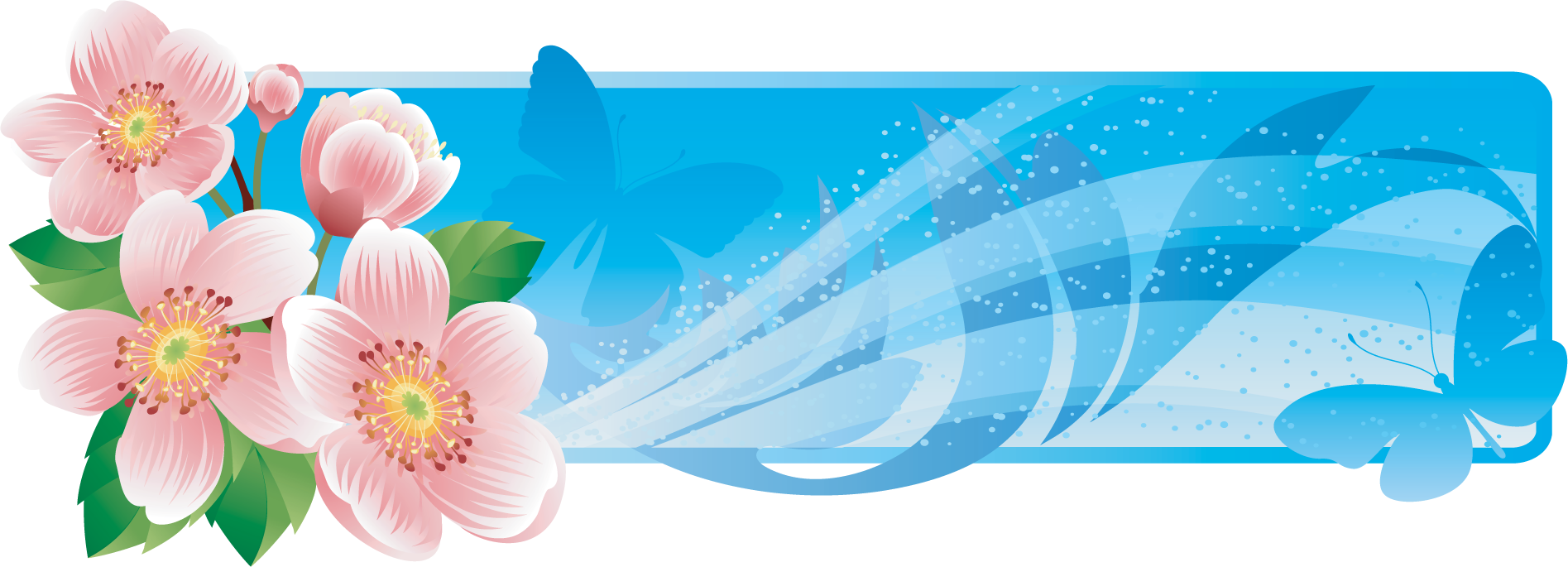 花や葉のイラスト フリー素材 バナー タイトル枠no 008 ピンク 青い蝶