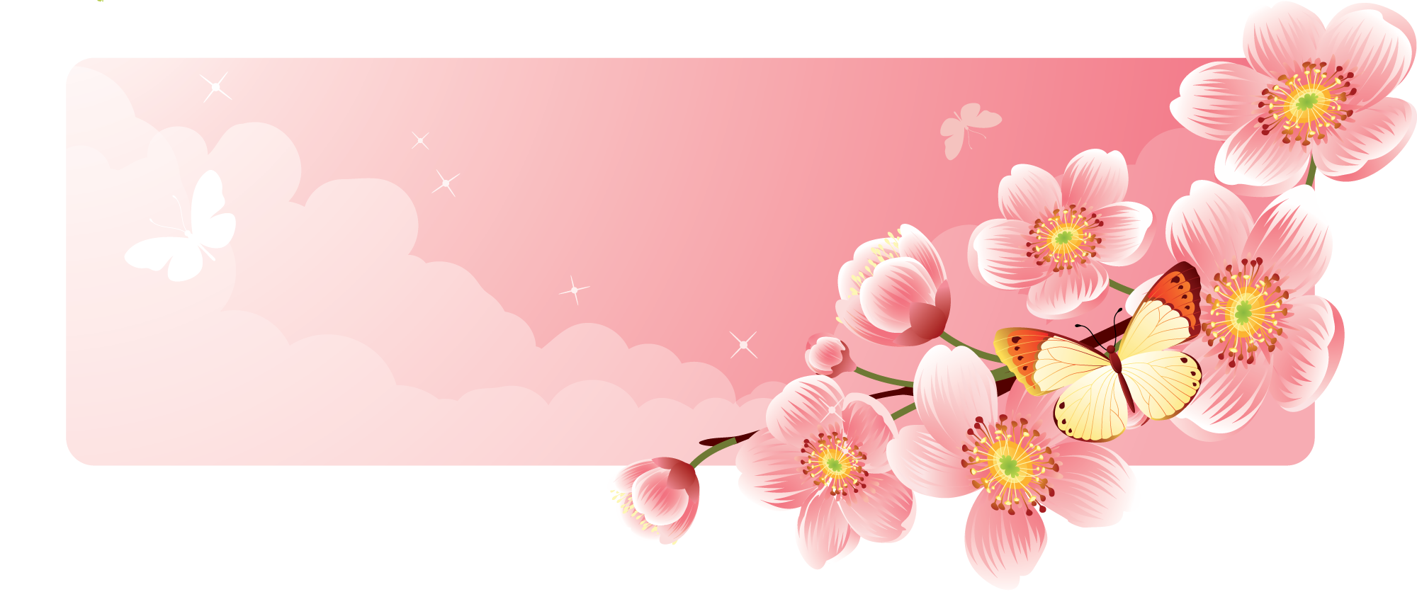 花や葉のイラスト フリー素材 バナー タイトル枠no 011 ピンク 蝶 雲