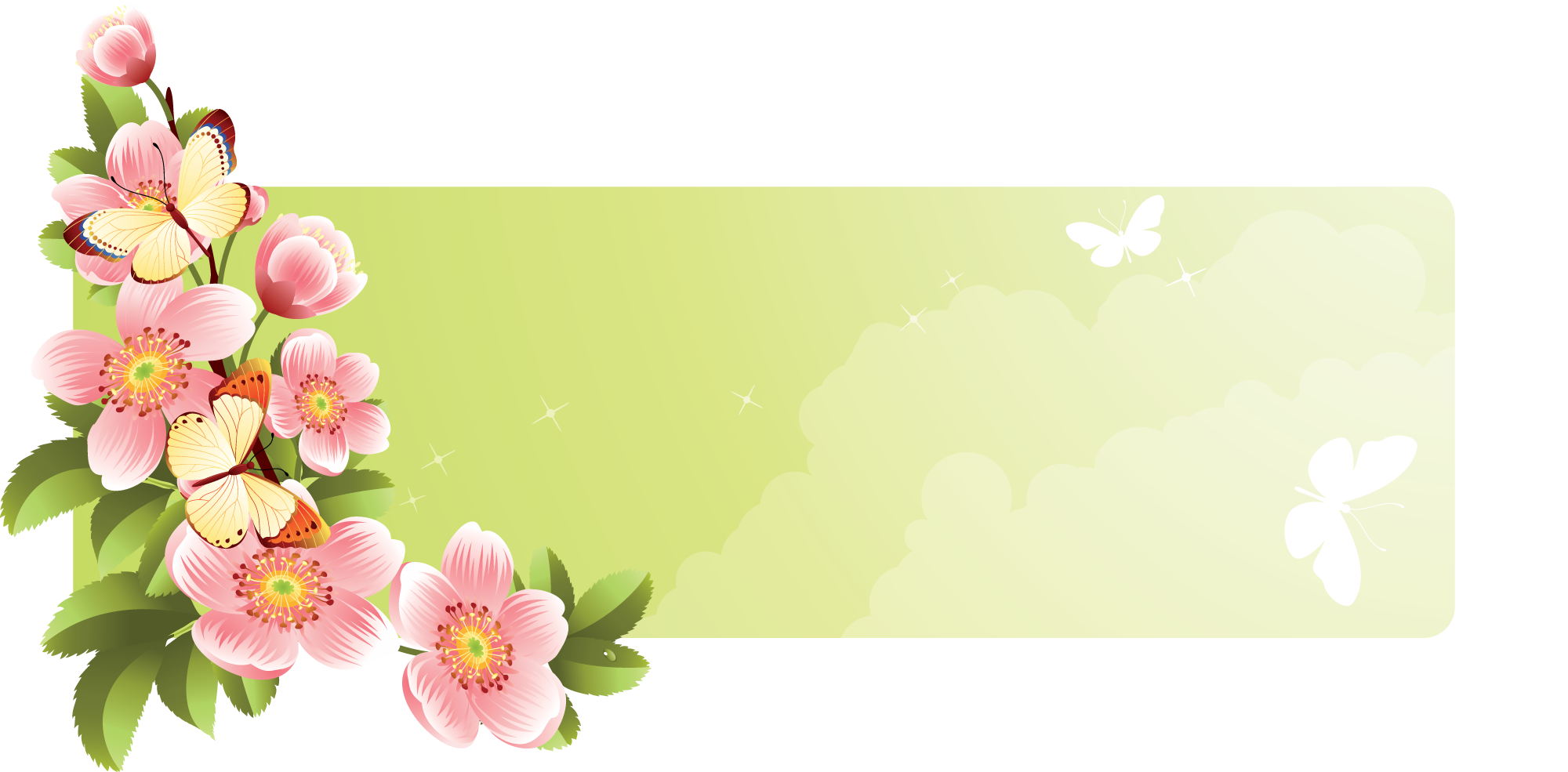 花や葉のイラスト フリー素材 バナー タイトル枠no 012 ピンク 黄緑 蝶